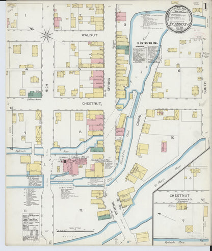 Sanborn Fire Insurance Map from Saint Marys, Auglaize County, Ohio (1892), Sheet #0001 - Historic Sanborn Fire Insurance Map Print, vintage old map wall art, antique decor, genealogy gift, Ohio Ohio map