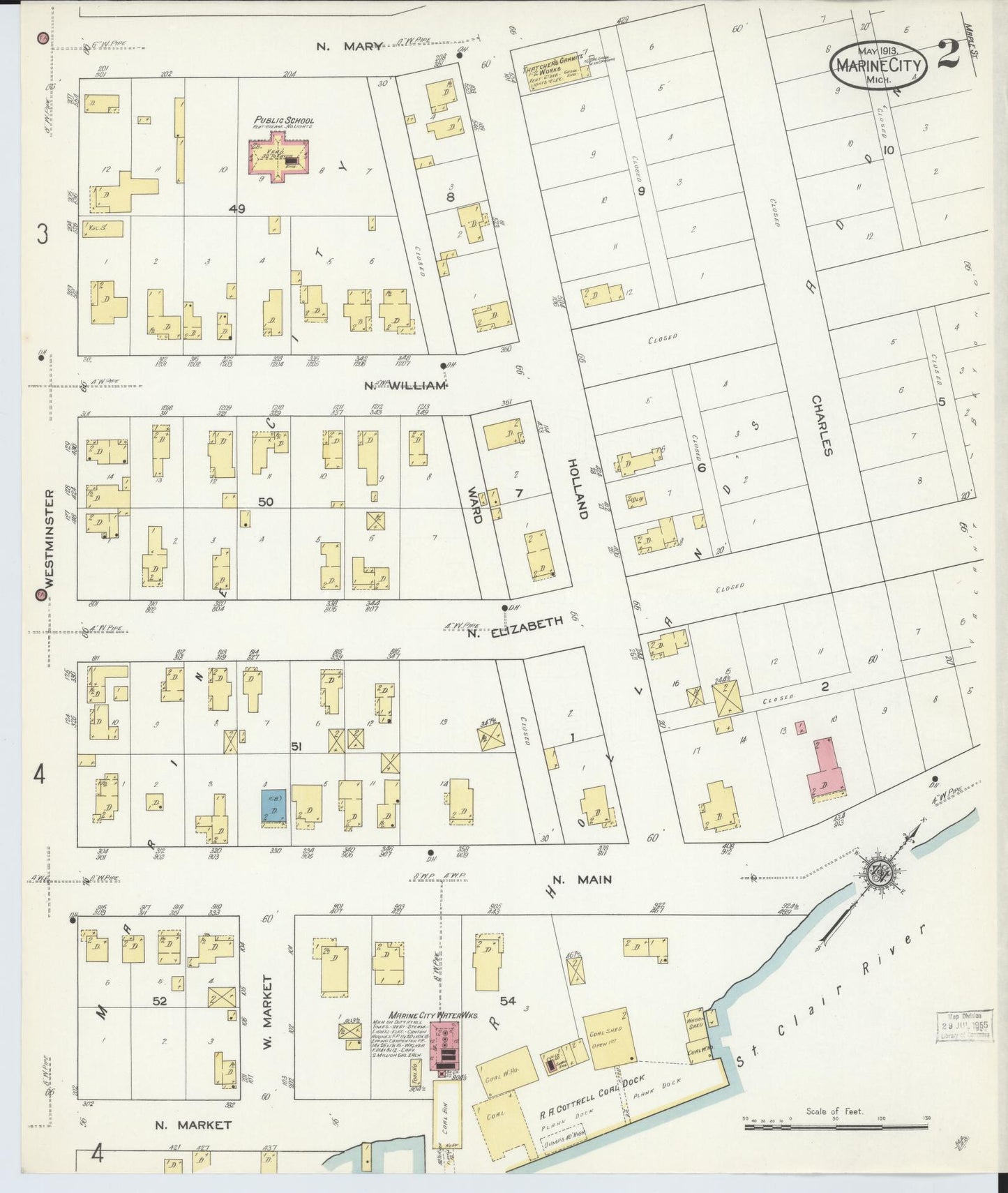 Sanborn Fire Insurance Map from Marine City, Saint Clair County, Michigan (1913), Sheet #0002 - Complete Map Set gallery image, historic Sanborn map, vintage wall art, Michigan Michigan