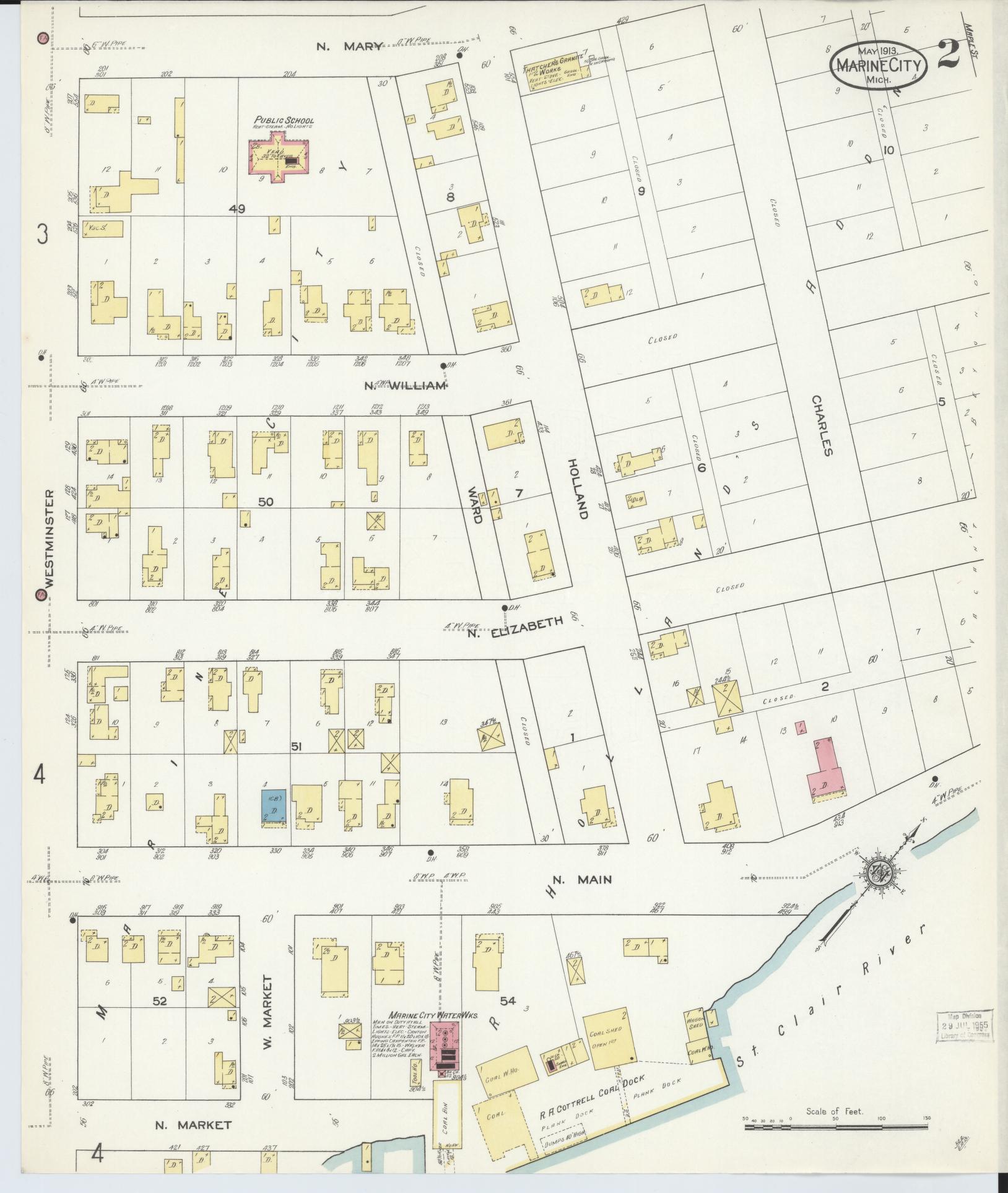 Sanborn Fire Insurance Map from Marine City, Saint Clair County, Michigan (1913), Sheet #0002 - Complete Map Set gallery image, historic Sanborn map, vintage wall art, Michigan Michigan