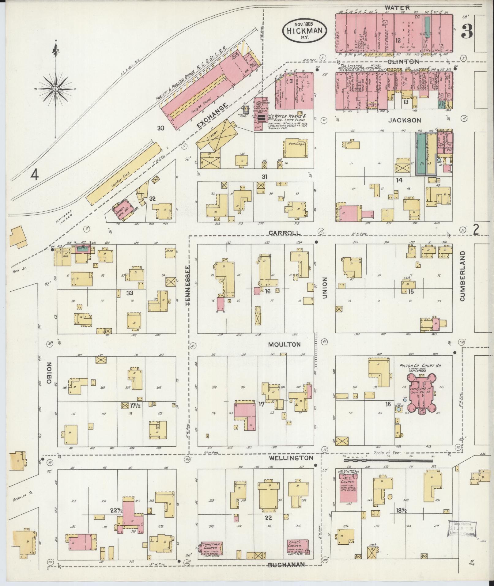 Sanborn Fire Insurance Map from Hickman, Fulton County, Kentucky (1905), Sheet #0003 - Historic Sanborn Fire Insurance Map Print, vintage old map wall art, antique decor, genealogy gift, Kentucky Kentucky map