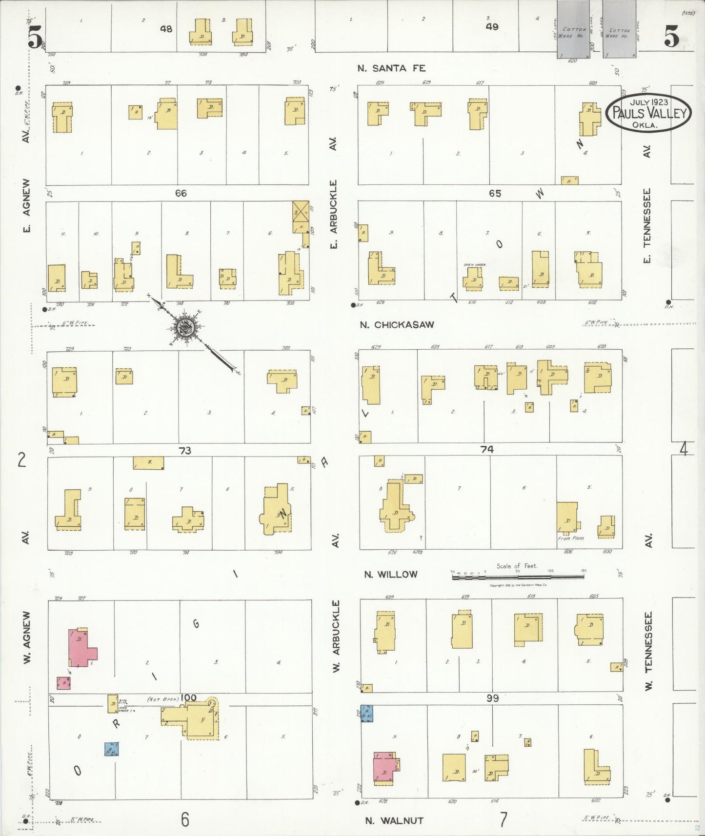 Sanborn Fire Insurance Map from Pauls Valley, Garvin County, Oklahoma (1923), Sheet #0005 - Historic Sanborn Fire Insurance Map Print, vintage old map wall art, antique decor, genealogy gift, Oklahoma Oklahoma map