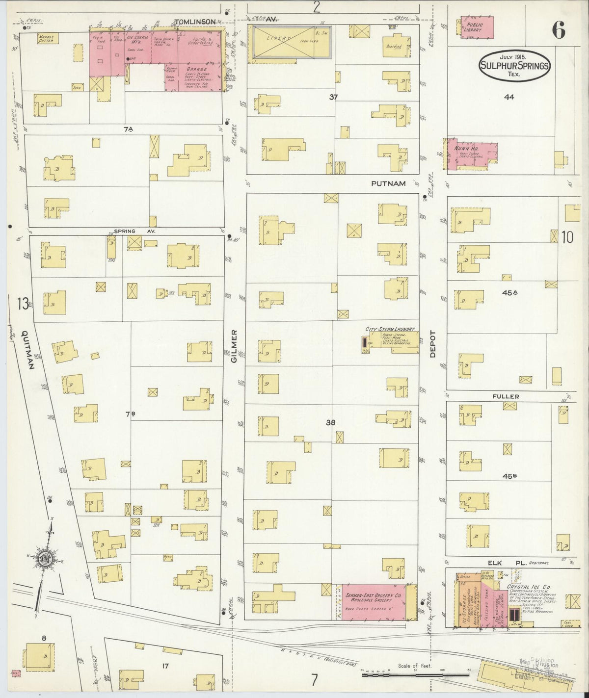 Sanborn Fire Insurance Map from Sulphur Springs, Hopkins County, Texas (1915), Sheet #0006 - Historic Sanborn Fire Insurance Map Print, vintage old map wall art, antique decor, genealogy gift, Texas Texas map