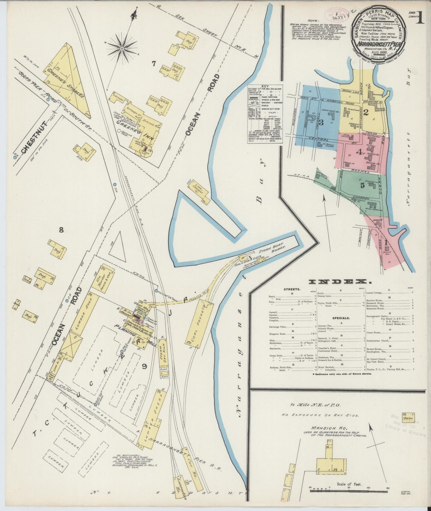 Sanborn Fire Insurance Map from Narragansett Pier, Washington County, Rhode Island (1890), Sheet #0001 - Historic Sanborn Fire Insurance Map Print, vintage old map wall art, antique decor, genealogy gift, Rhode Island Rhode Island map