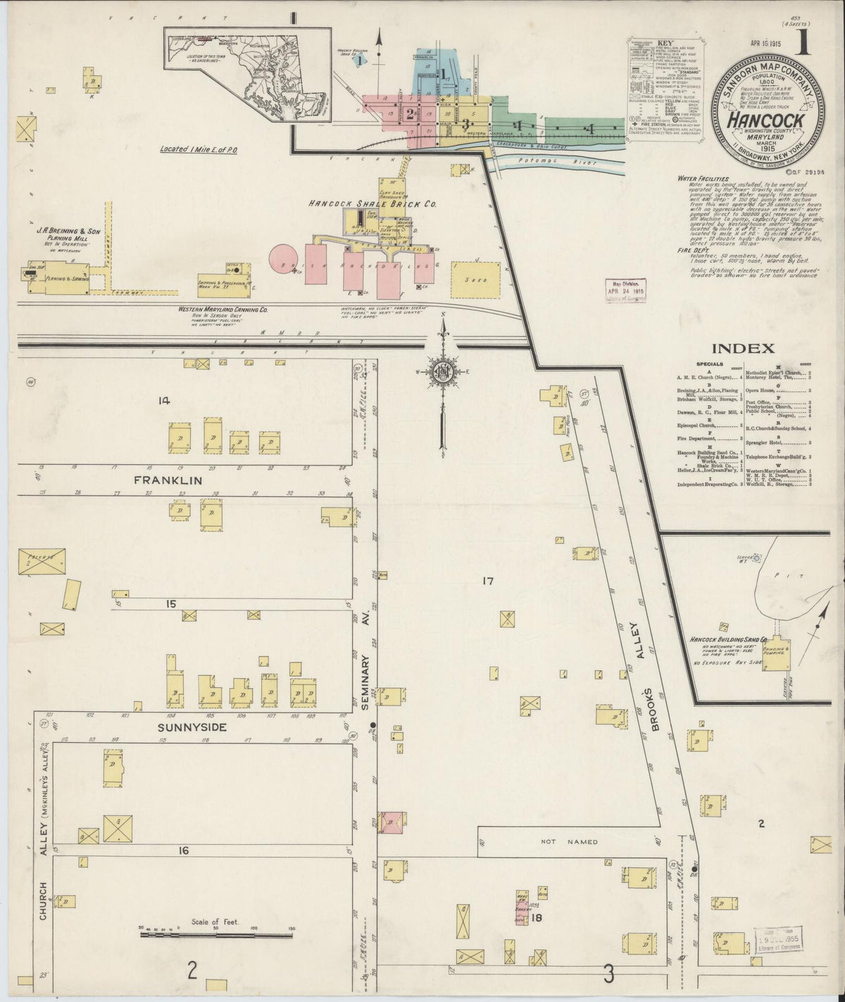 Sanborn Fire Insurance Map from Hancock, Washington County, Maryland (1915), Sheet #0001 - Historic Sanborn Fire Insurance Map Print, vintage old map wall art, antique decor, genealogy gift, Maryland Maryland map