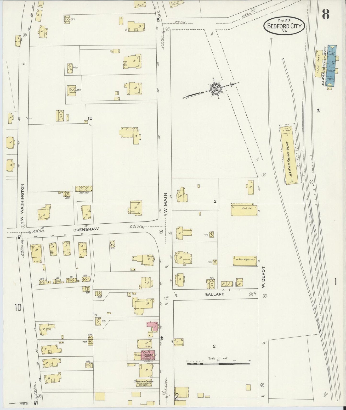 Sanborn Fire Insurance Map from Bedford, Independent Cities, Virginia (1913), Sheet #0008 - Complete Map Set gallery image, historic Sanborn map, vintage wall art, Virginia Virginia