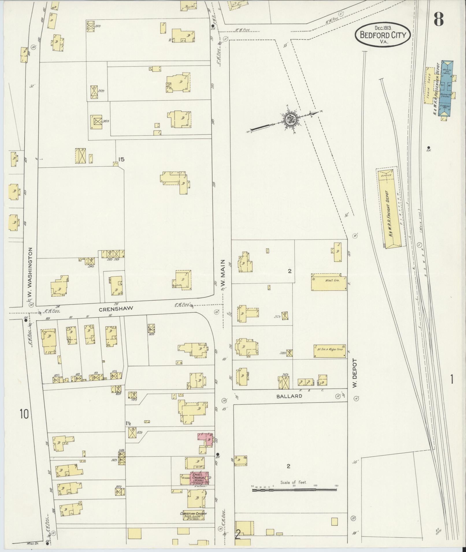 Sanborn Fire Insurance Map from Bedford, Independent Cities, Virginia (1913), Sheet #0008 - Complete Map Set gallery image, historic Sanborn map, vintage wall art, Virginia Virginia