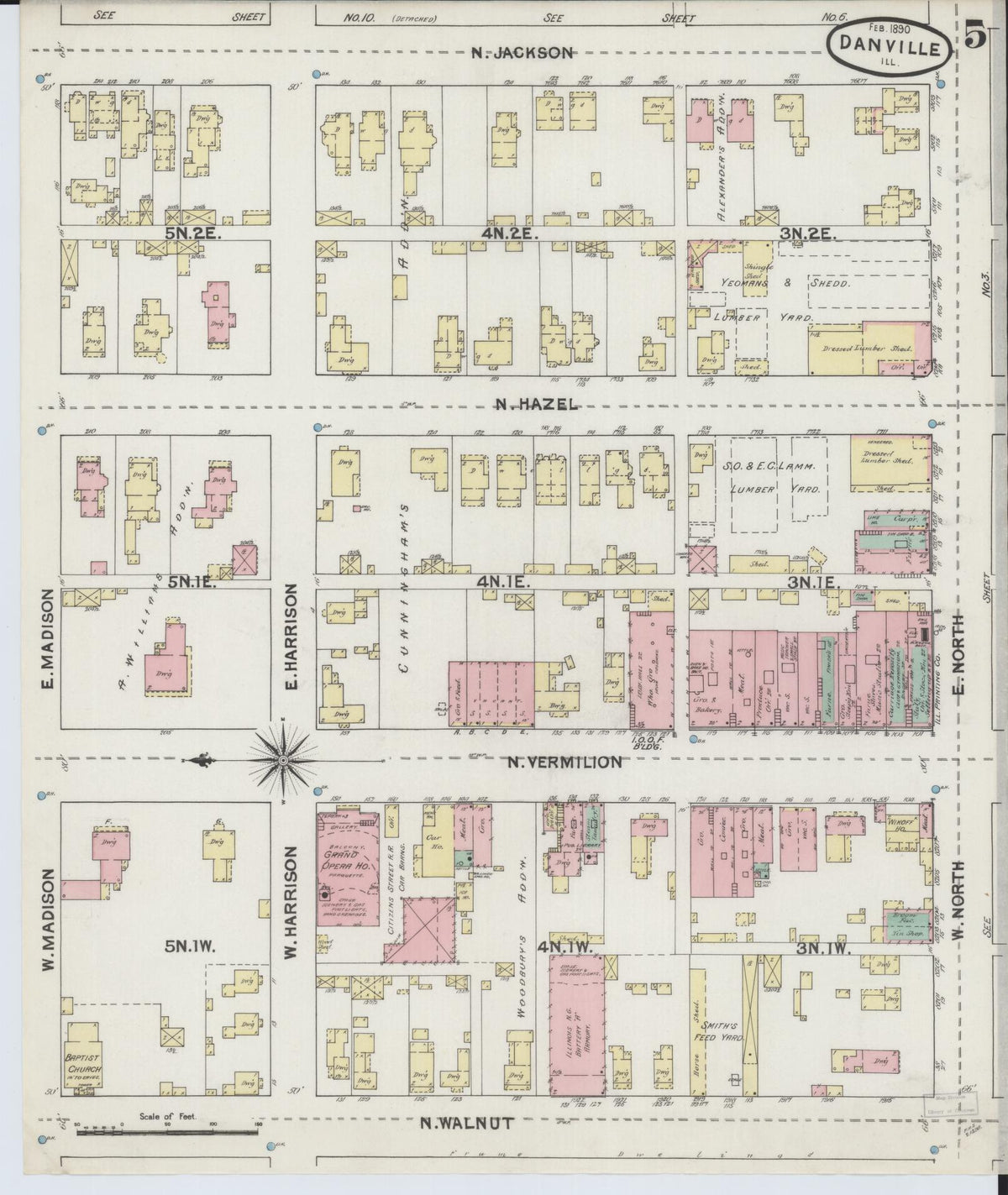 Sanborn Fire Insurance Map from Danville, Vermilion County, Illinois (1890), Sheet #0005 - Historic Sanborn Fire Insurance Map Print, vintage old map wall art, antique decor, genealogy gift, Illinois Illinois map
