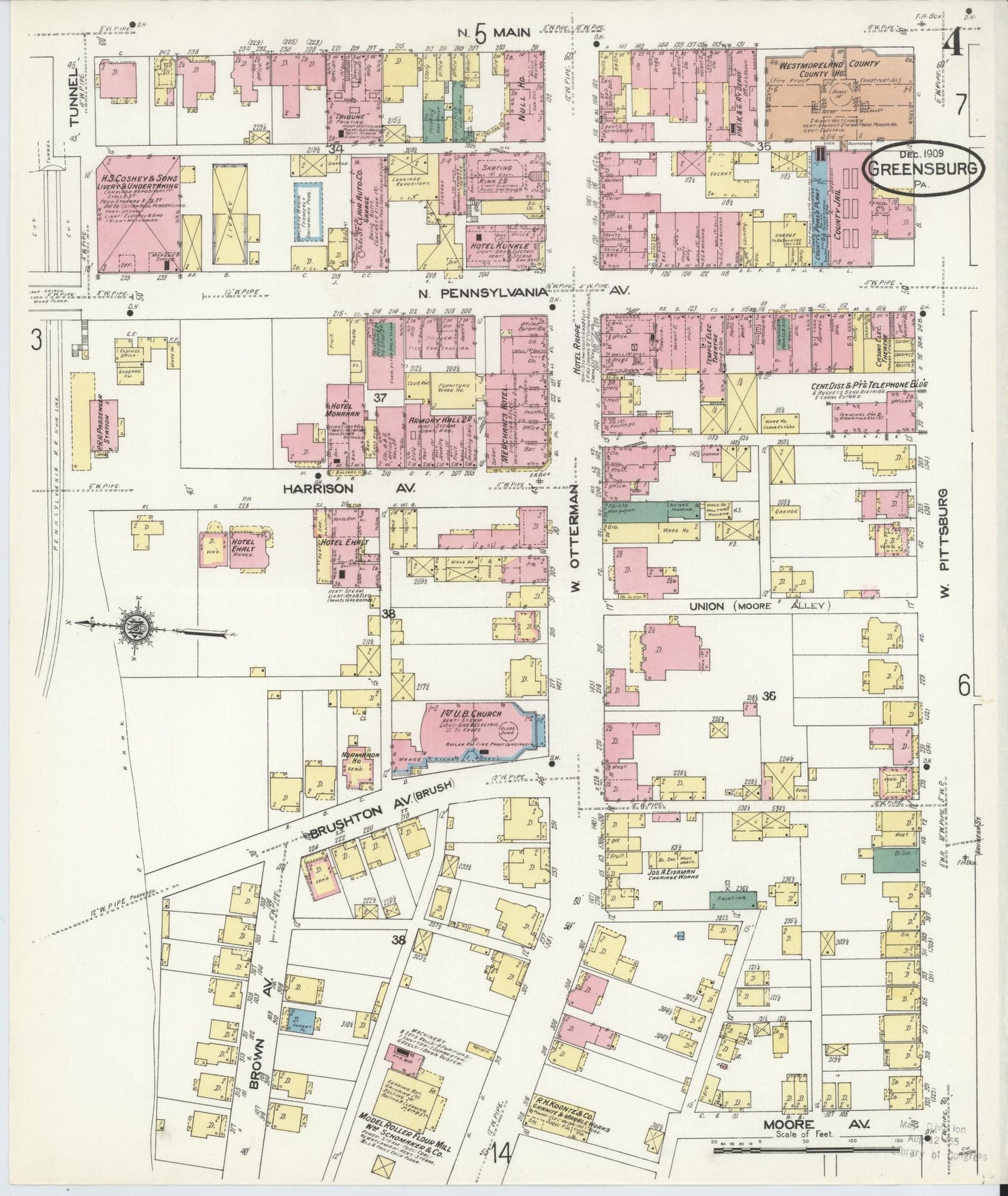 Sanborn Fire Insurance Map from Greensburg, Westmoreland County, Pennsylvania (1909), Sheet #0004 - Historic Sanborn Fire Insurance Map Print, vintage old map wall art, antique decor, genealogy gift, Pennsylvania Pennsylvania map