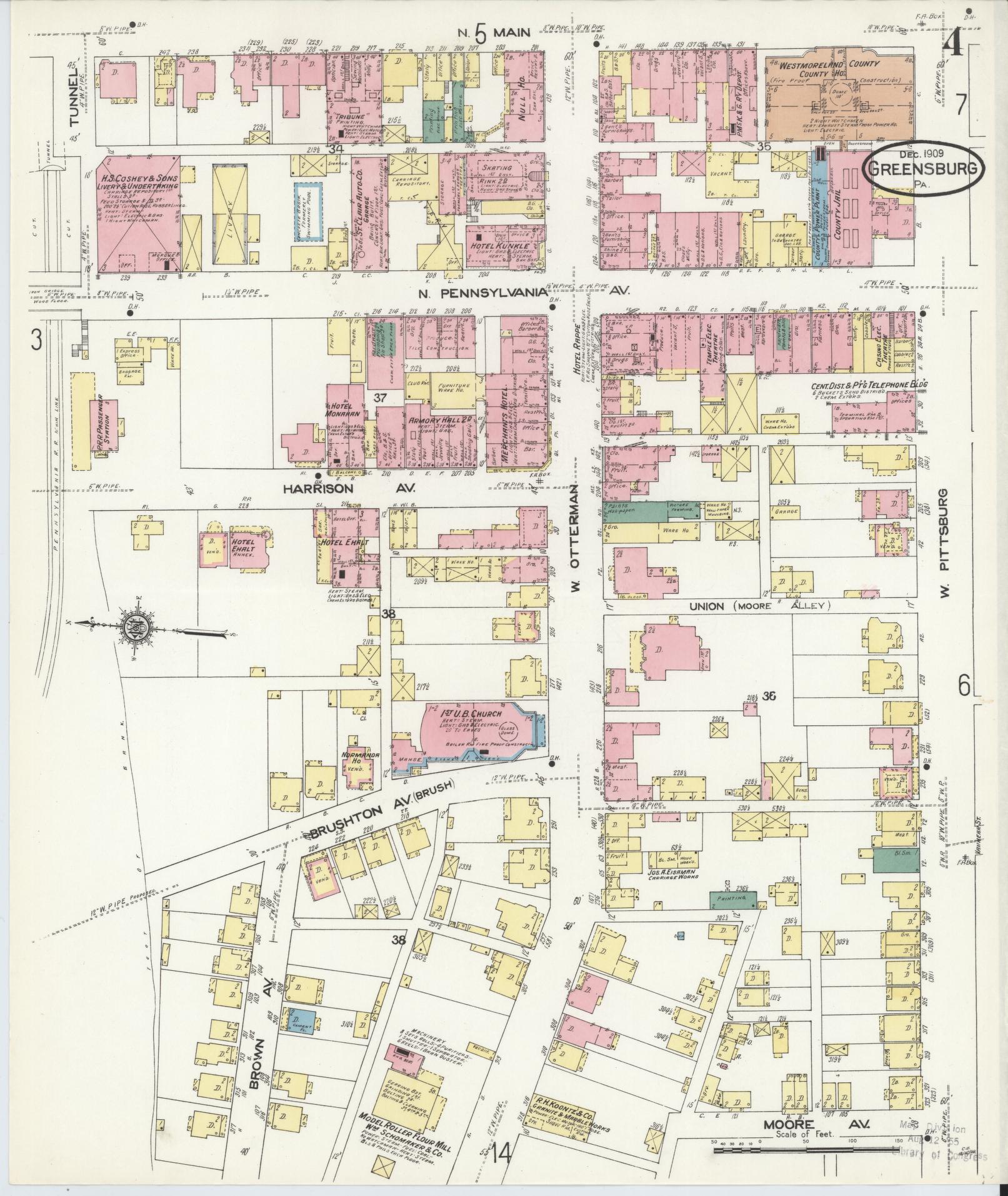 Sanborn Fire Insurance Map from Greensburg, Westmoreland County, Pennsylvania (1909), Sheet #0004 - Historic Sanborn Fire Insurance Map Print, vintage old map wall art, antique decor, genealogy gift, Pennsylvania Pennsylvania map
