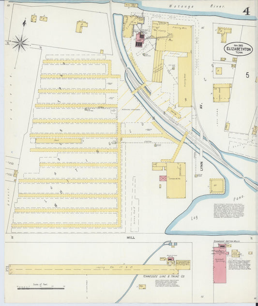 Sanborn Fire Insurance Map from Elizabethton, Carter County, Tennessee (1902), Sheet #0004 - Historic Sanborn Fire Insurance Map Print, vintage old map wall art, antique decor, genealogy gift, Tennessee Tennessee map