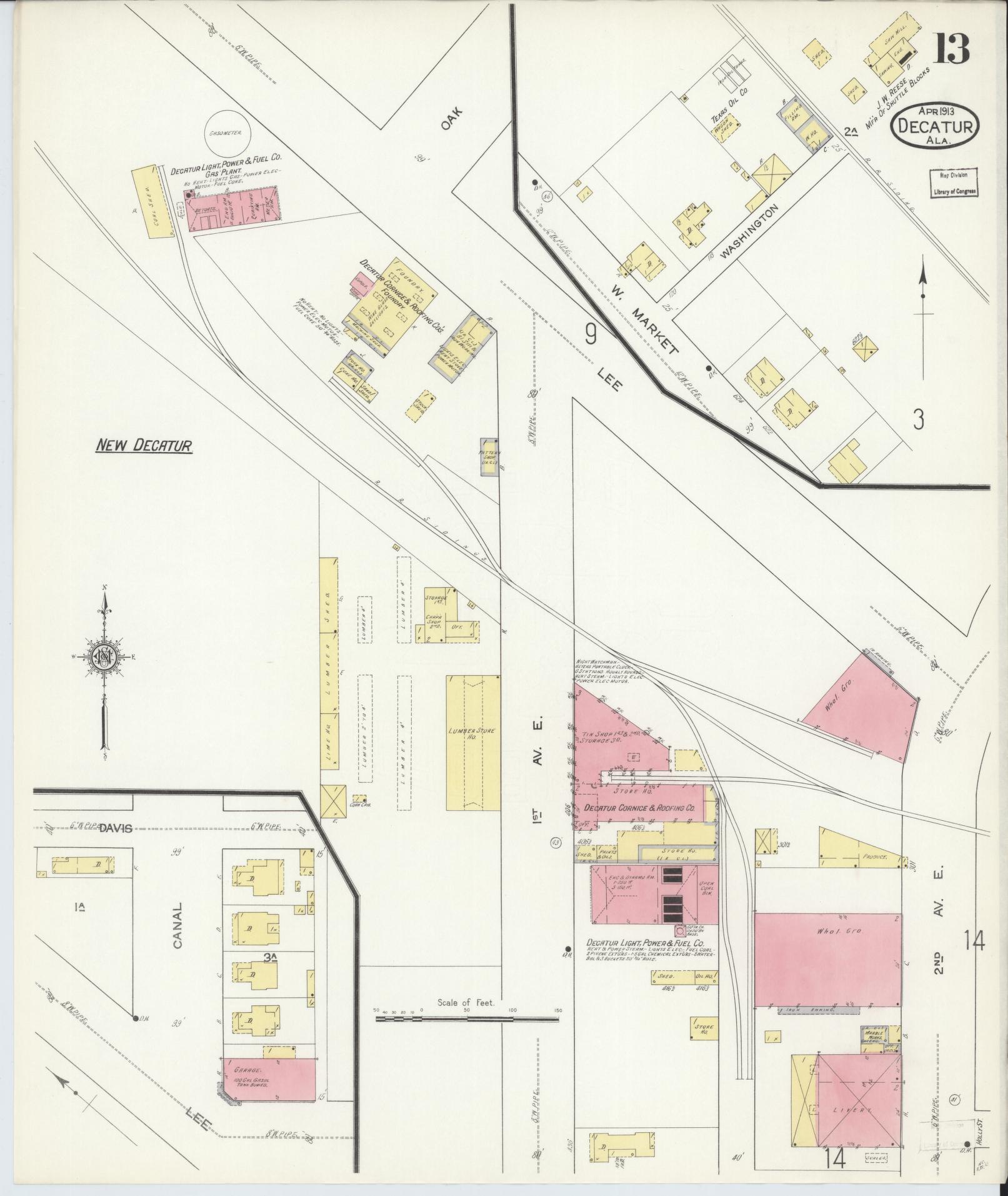 Sanborn Fire Insurance Map from Decatur, Morgan County, Alabama (1913), Sheet #0013 - Historic Sanborn Fire Insurance Map Print, vintage old map wall art, antique decor, genealogy gift, Alabama Alabama map