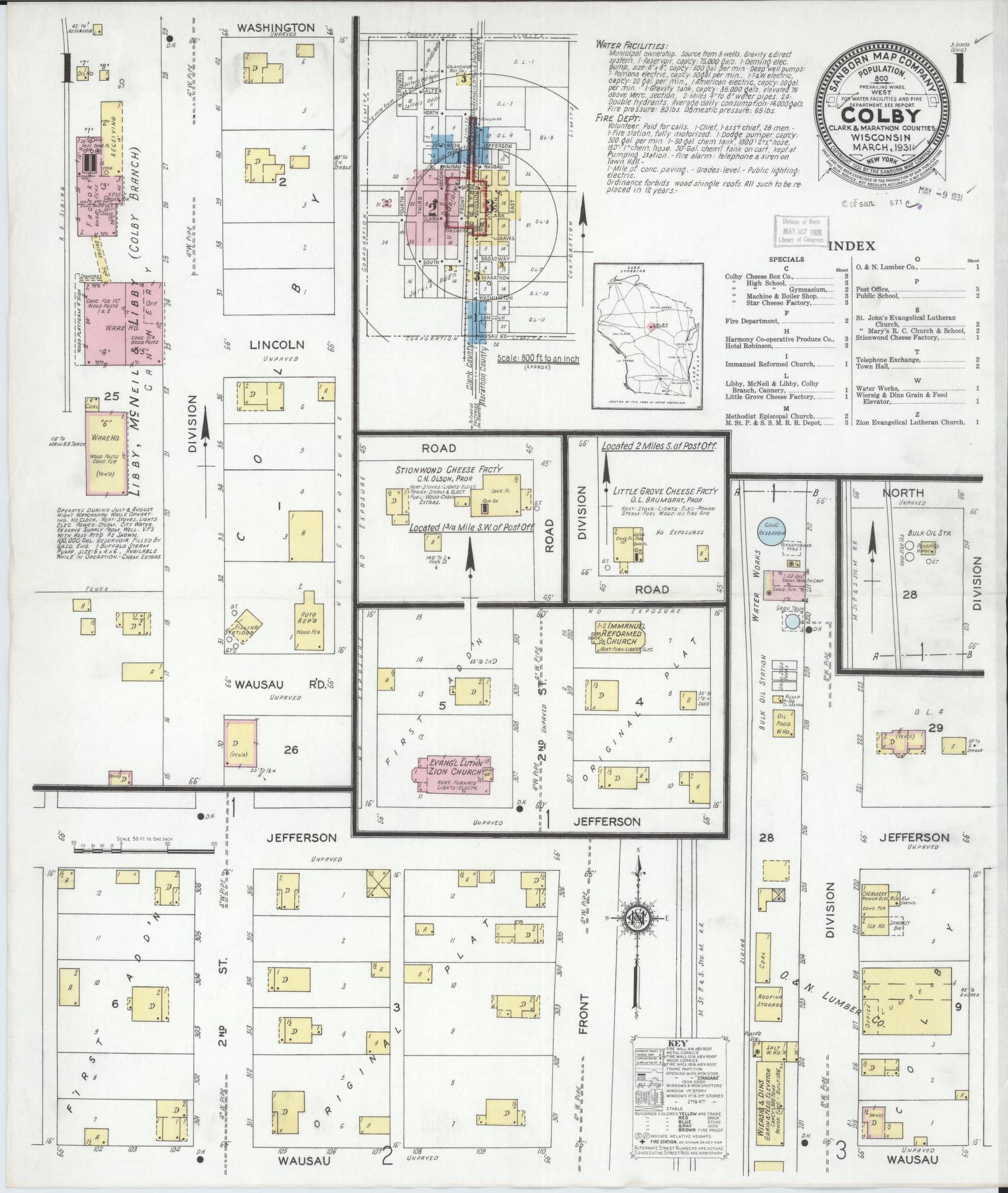 Sanborn Fire Insurance Map from Colby, Clark and Marathon Counties, Wisconsin (1931), Sheet #0001 - Historic Sanborn Fire Insurance Map Print, vintage old map wall art, antique decor, genealogy gift, Wisconsin Wisconsin map