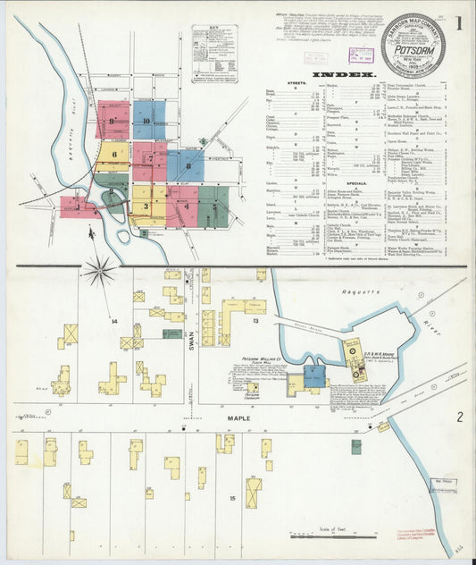 Sanborn Fire Insurance Map from Potsdam, St. Lawrence County, New York (1909), Sheet #0001 - Historic Sanborn Fire Insurance Map Print, vintage old map wall art, antique decor, genealogy gift, New York New York map