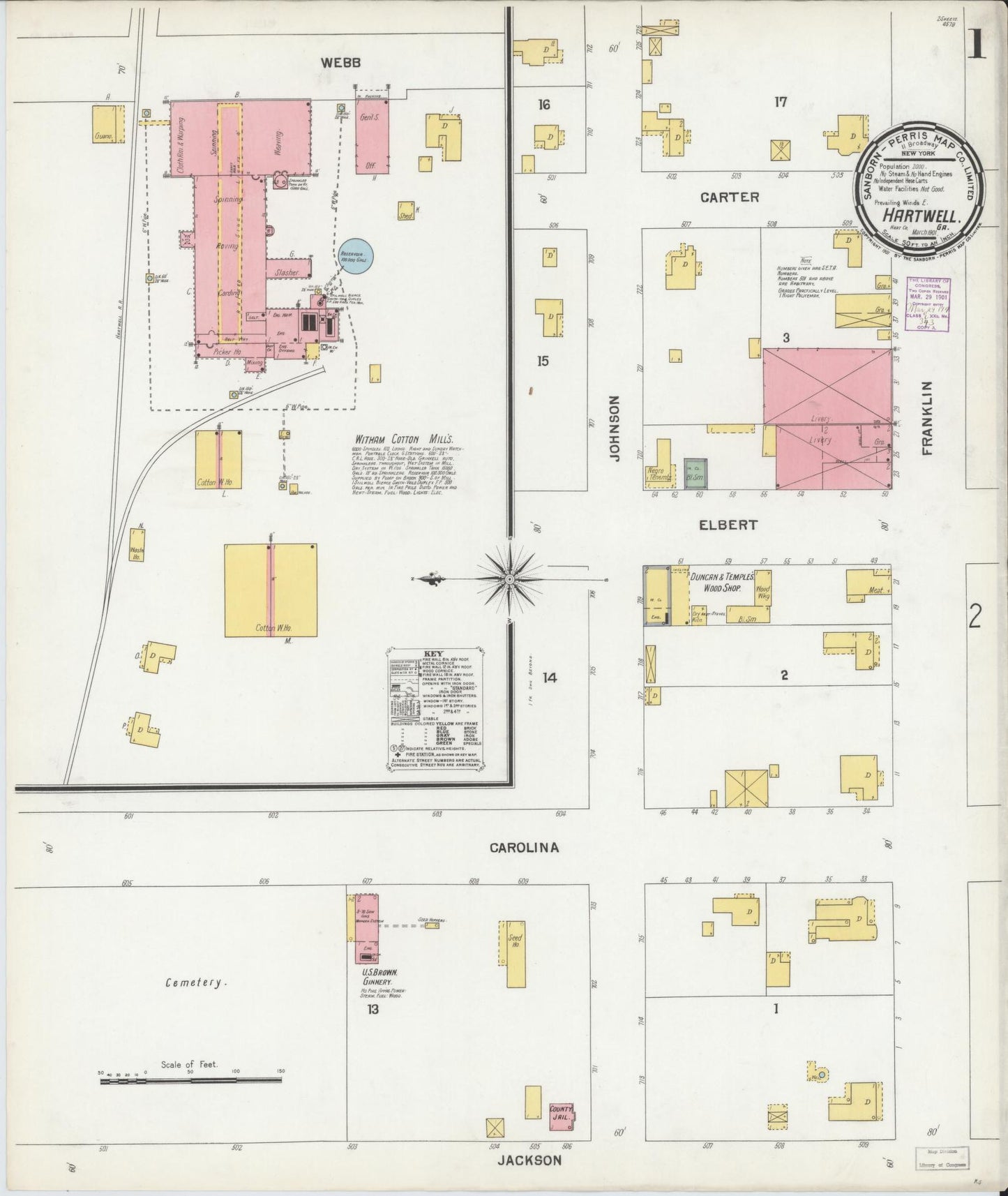 Sanborn Fire Insurance Map from Hartwell, Hart County, Georgia (1901), Sheet #0001 - Historic Sanborn Fire Insurance Map Print, vintage old map wall art, antique decor, genealogy gift, Georgia Georgia map