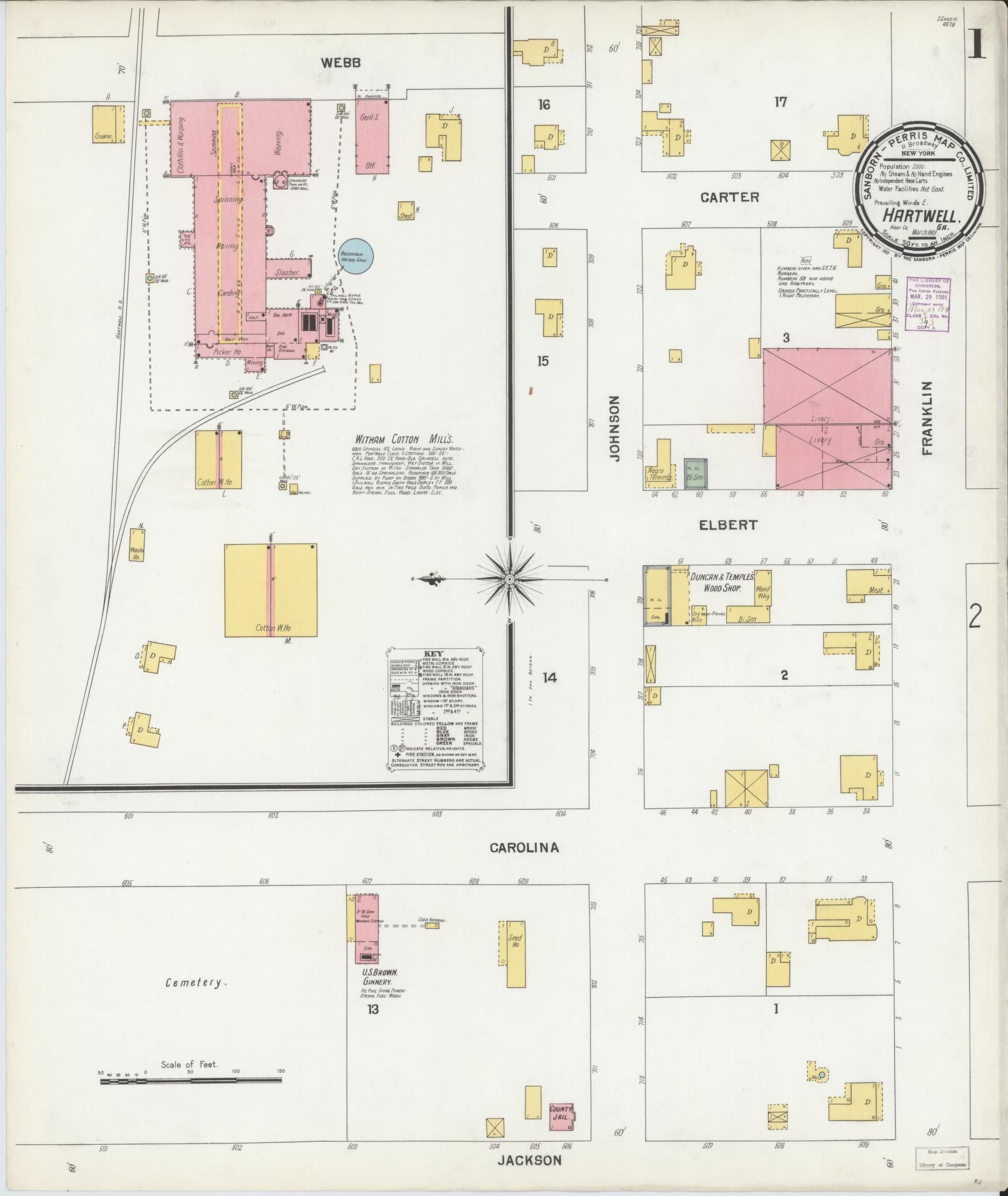 Sanborn Fire Insurance Map from Hartwell, Hart County, Georgia (1901), Sheet #0001 - Historic Sanborn Fire Insurance Map Print, vintage old map wall art, antique decor, genealogy gift, Georgia Georgia map