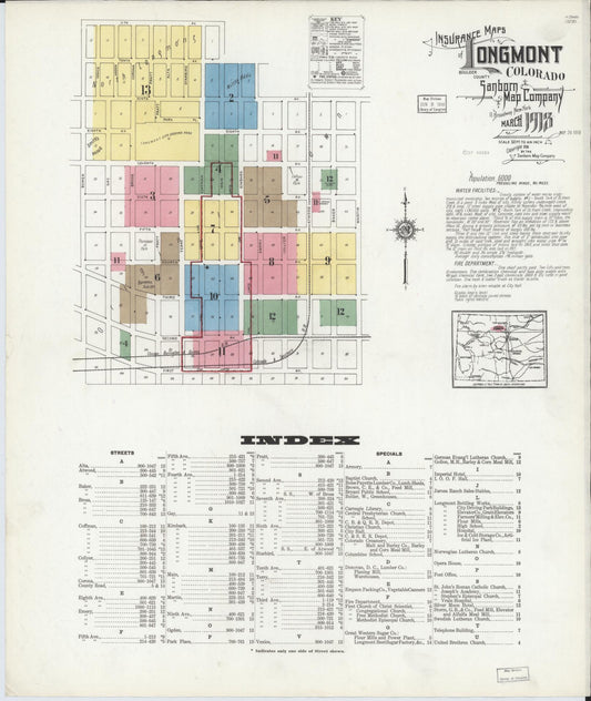 Sanborn Fire Insurance Map from Longmont, Boulder County, Colorado (1918), Sheet #0001 - Complete Map Set gallery image, historic Sanborn map, vintage wall art, Colorado Colorado