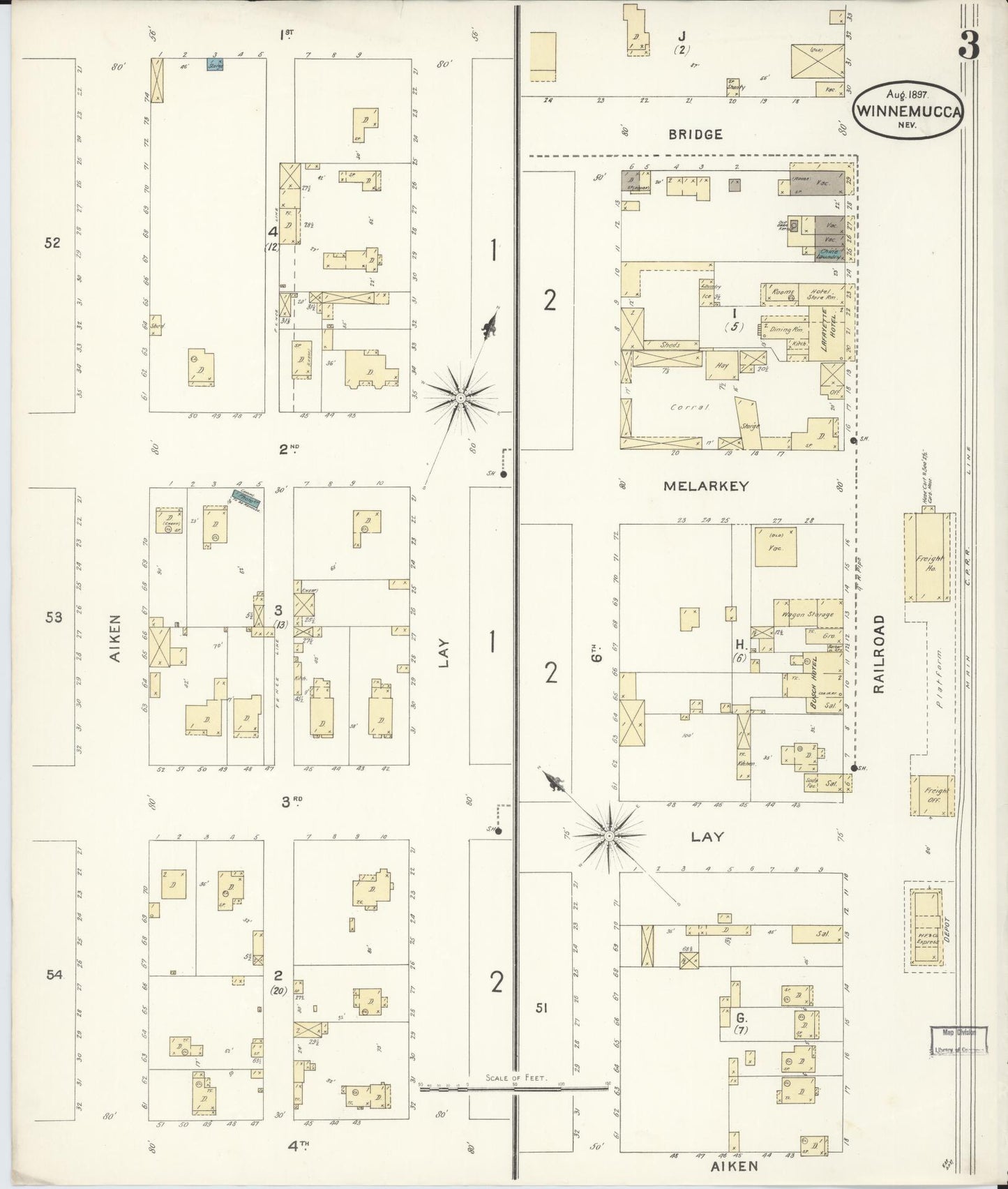 Sanborn Fire Insurance Map from Winnemucca, Humboldt County, Nevada (1897), Sheet #0003 - Historic Sanborn Fire Insurance Map Print, vintage old map wall art, antique decor, genealogy gift, Nevada Nevada map