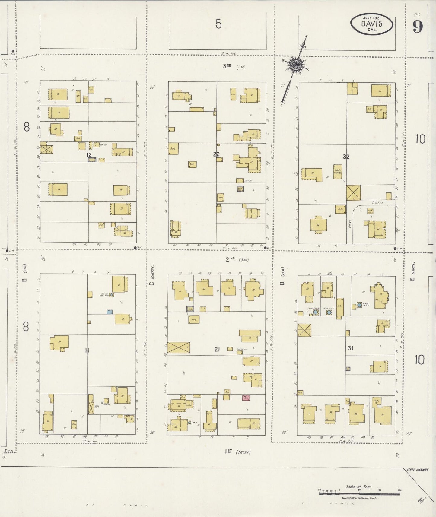 Sanborn Fire Insurance Map from Davis, Yolo County, California (1921), Sheet #0009 - Complete Map Set gallery image, historic Sanborn map, vintage wall art, California California