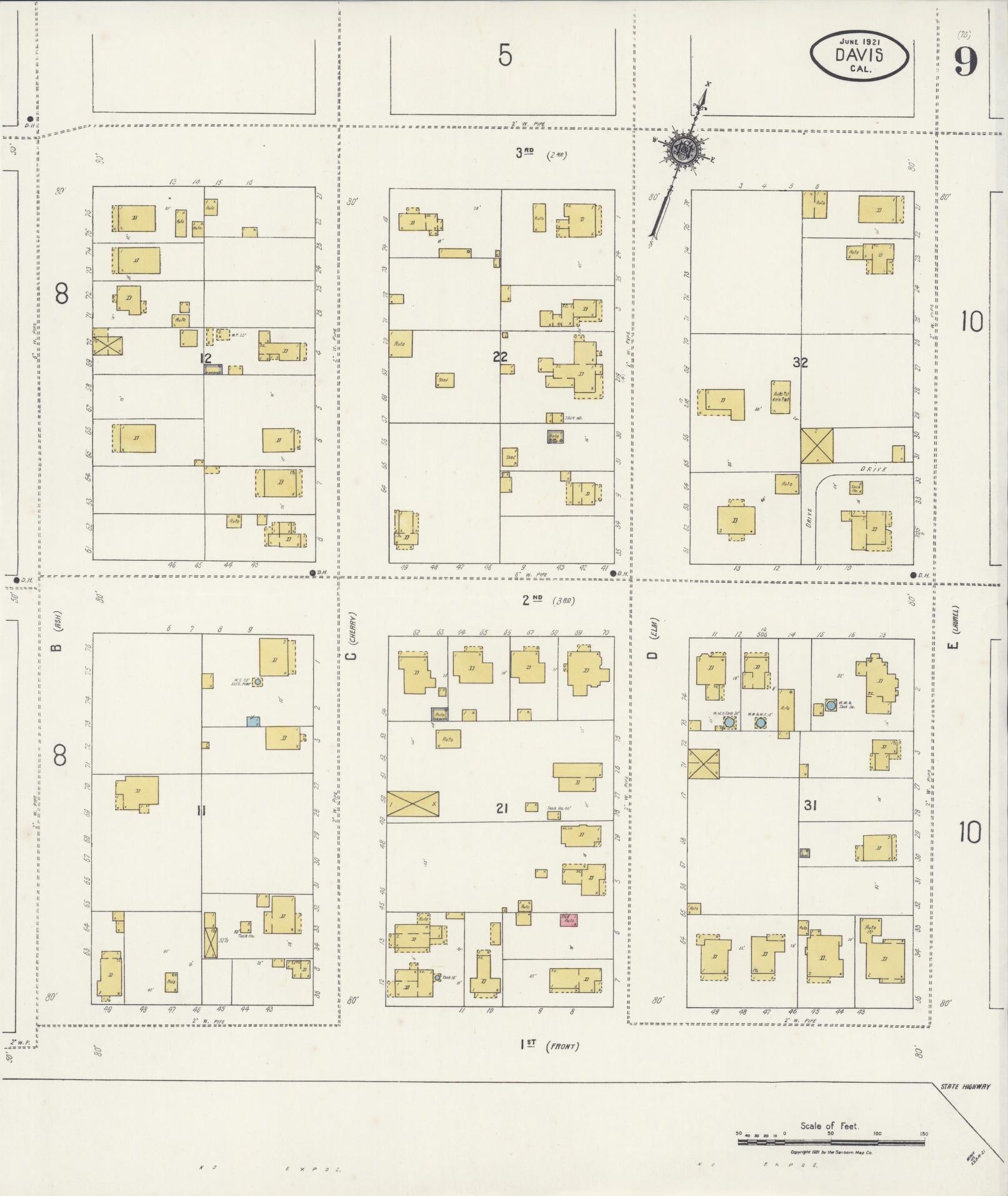 Sanborn Fire Insurance Map from Davis, Yolo County, California (1921), Sheet #0009 - Complete Map Set gallery image, historic Sanborn map, vintage wall art, California California