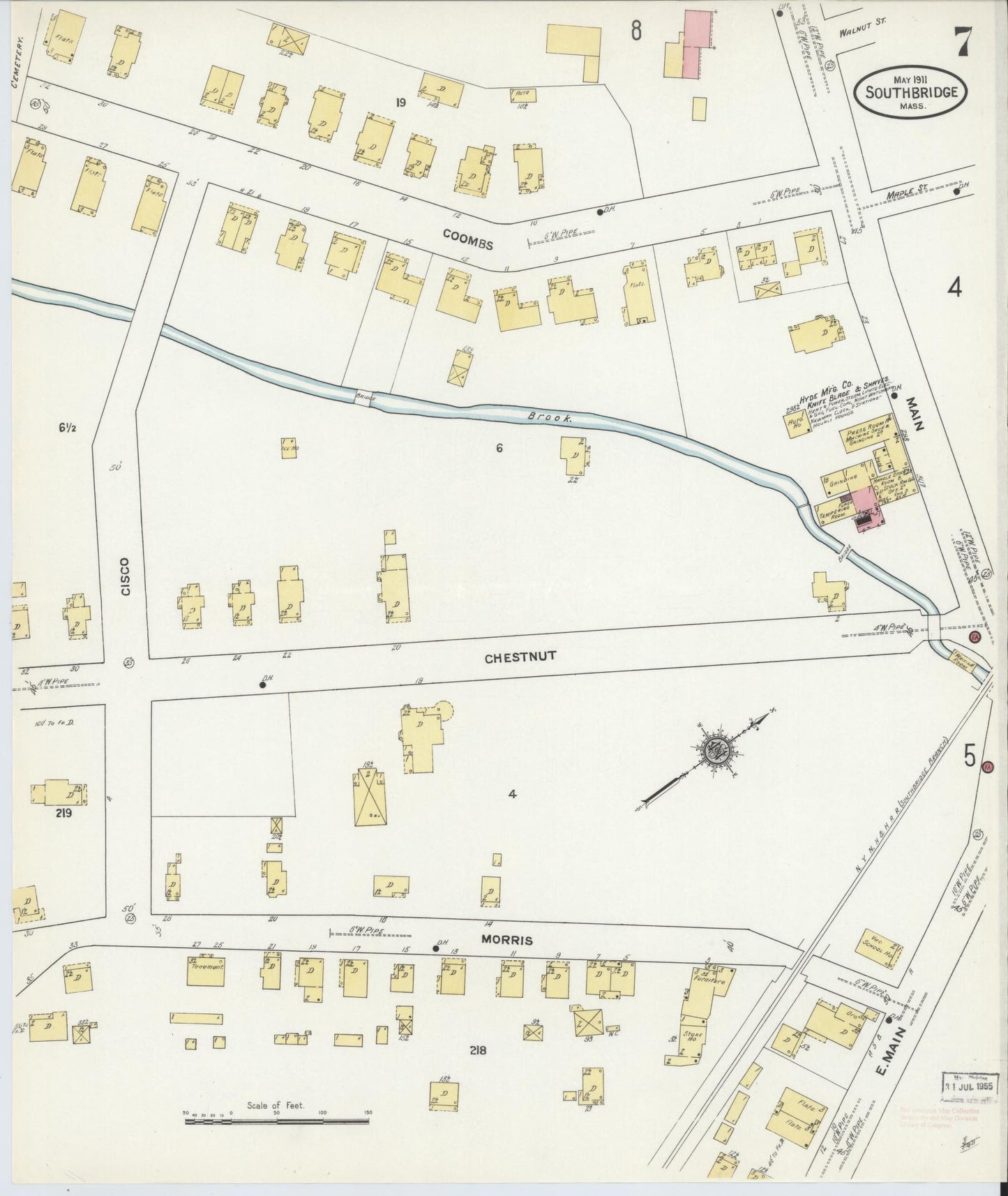 Sanborn Fire Insurance Map from Southbridge, Worcester County, Massachusetts (1911), Sheet #0007 - Historic Sanborn Fire Insurance Map Print, vintage old map wall art, antique decor, genealogy gift, Massachusetts Massachusetts map