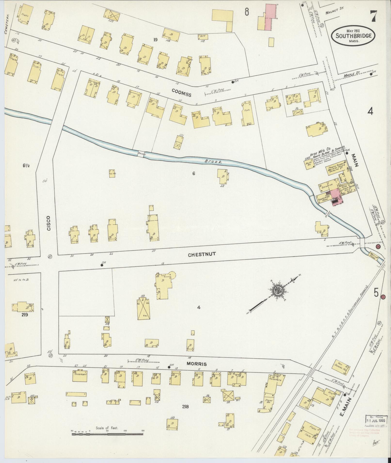 Sanborn Fire Insurance Map from Southbridge, Worcester County, Massachusetts (1911), Sheet #0007 - Historic Sanborn Fire Insurance Map Print, vintage old map wall art, antique decor, genealogy gift, Massachusetts Massachusetts map