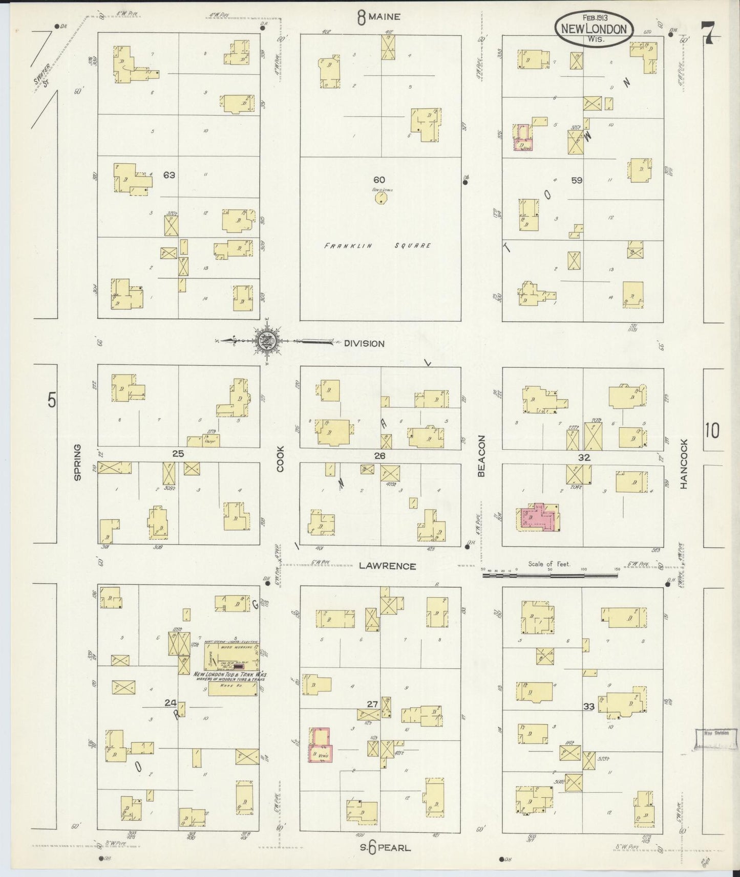 Sanborn Fire Insurance Map from New London, Waupaca and Outagamie Counties, Wisconsin (1913), Sheet #0007 - Complete Map Set gallery image, historic Sanborn map, vintage wall art, Wisconsin Wisconsin