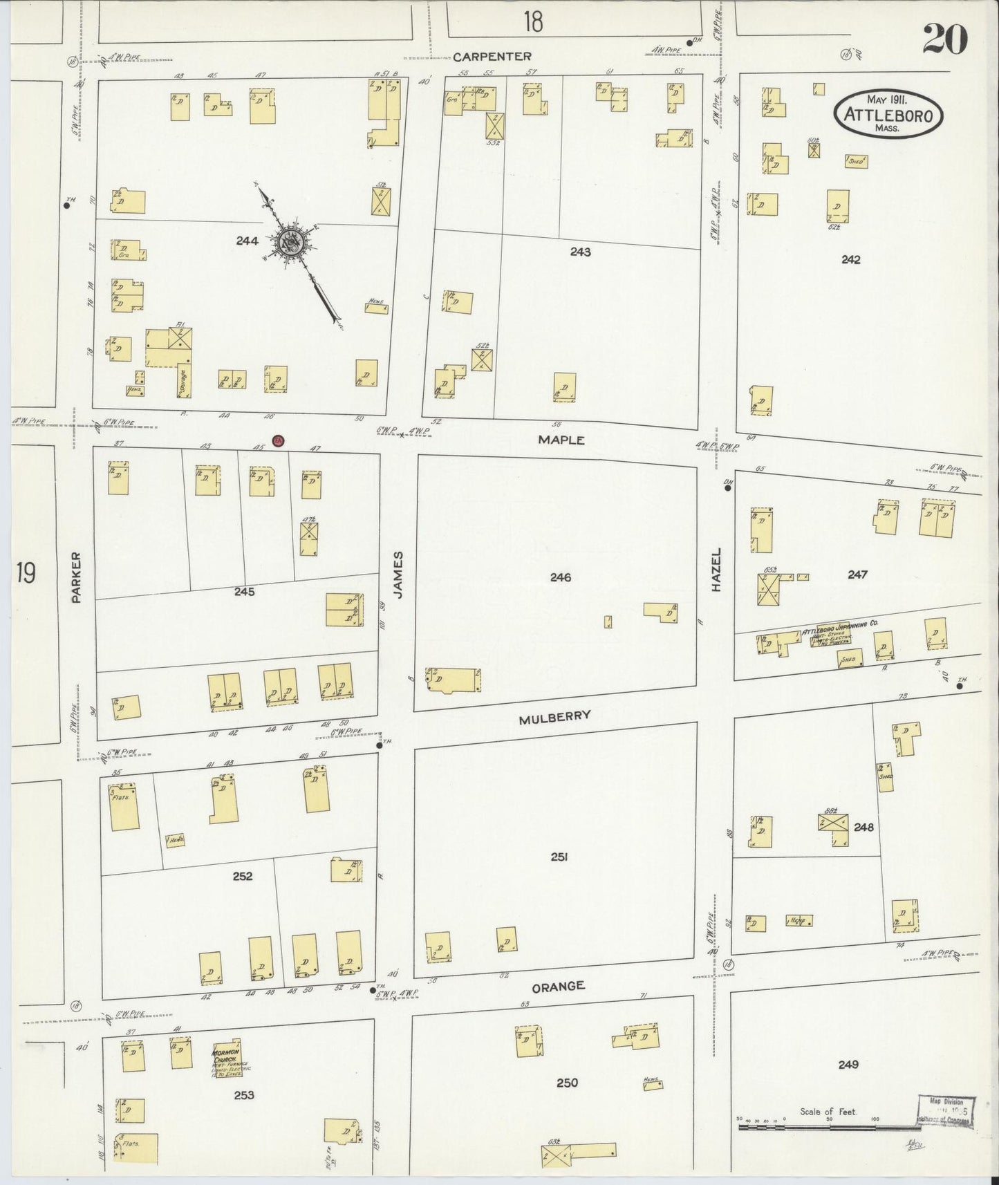 Sanborn Fire Insurance Map from Attleboro, Bristol County, Massachusetts (1911), Sheet #0020 - Historic Sanborn Fire Insurance Map Print, vintage old map wall art, antique decor, genealogy gift, Massachusetts Massachusetts map