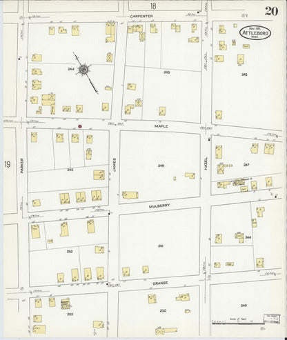 Sanborn Fire Insurance Map from Attleboro, Bristol County, Massachusetts (1911), Sheet #0020 - Historic Sanborn Fire Insurance Map Print, vintage old map wall art, antique decor, genealogy gift, Massachusetts Massachusetts map