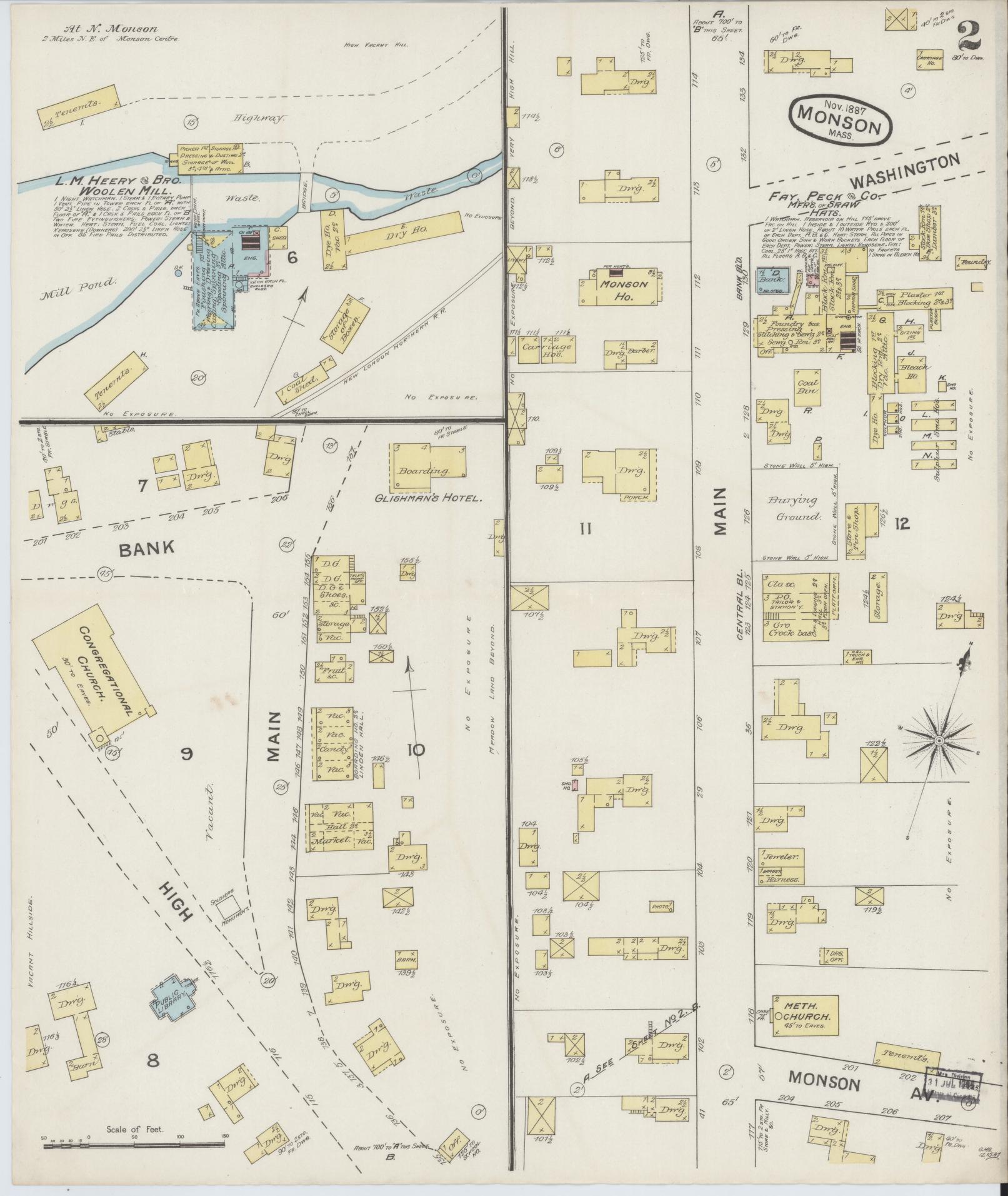 Sanborn Fire Insurance Map from Monson, Hampden County, Massachusetts (1887), Sheet #0002 - Complete Map Set gallery image, historic Sanborn map, vintage wall art, Massachusetts Massachusetts