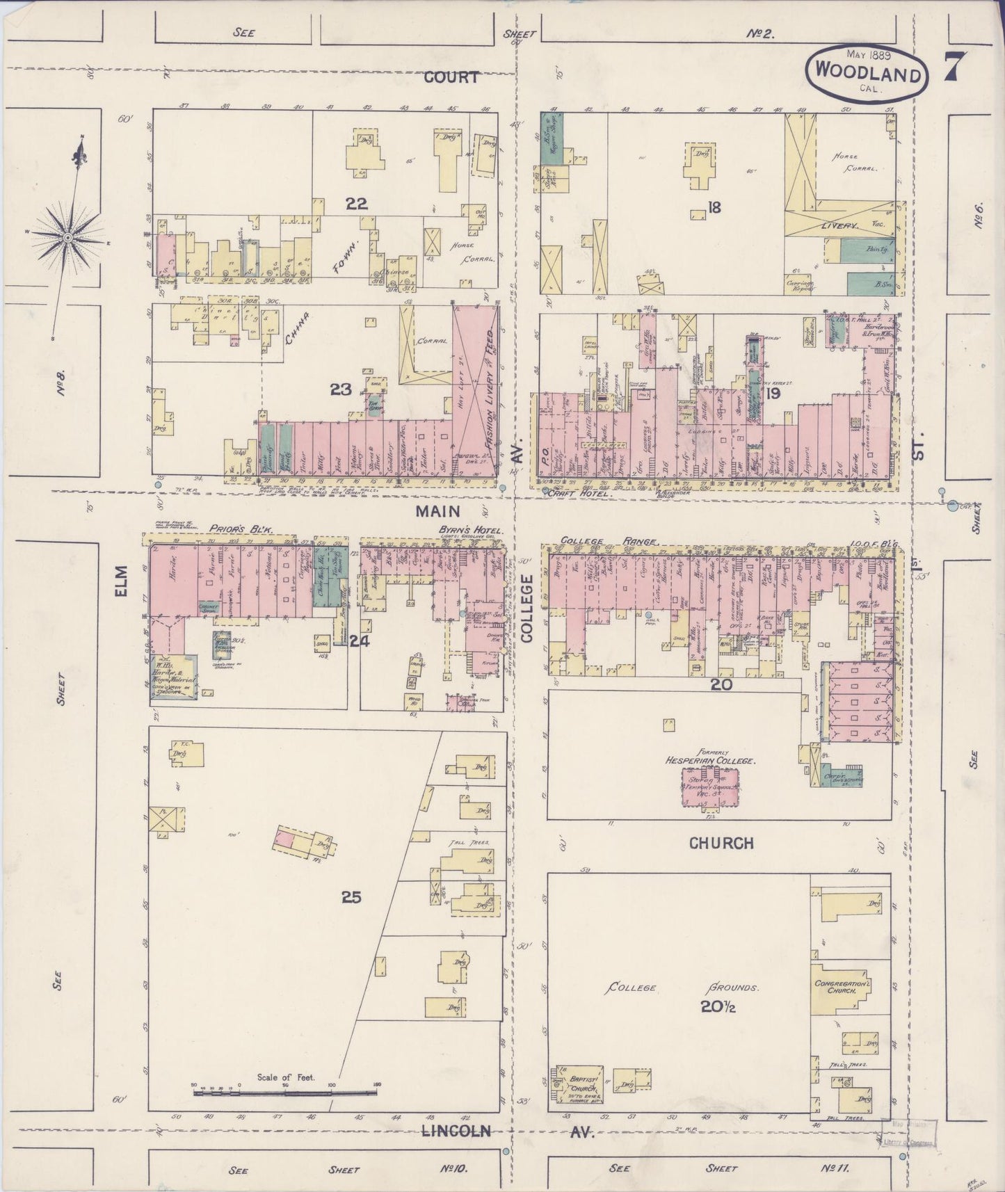 Sanborn Fire Insurance Map from Woodland, Yolo County, California (1889), Sheet #0007 - Complete Map Set gallery image, historic Sanborn map, vintage wall art, California California