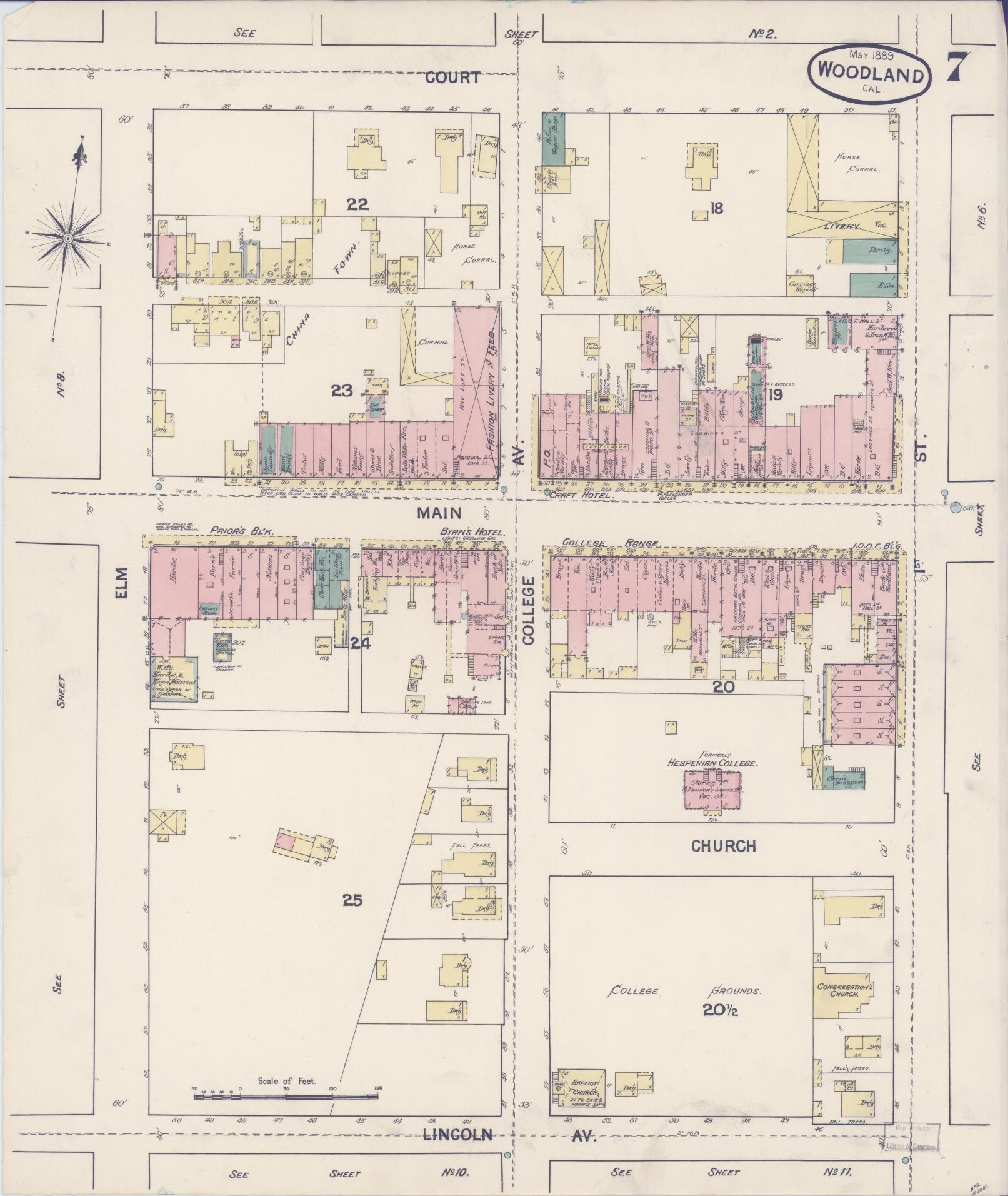 Sanborn Fire Insurance Map from Woodland, Yolo County, California (1889), Sheet #0007 - Complete Map Set gallery image, historic Sanborn map, vintage wall art, California California