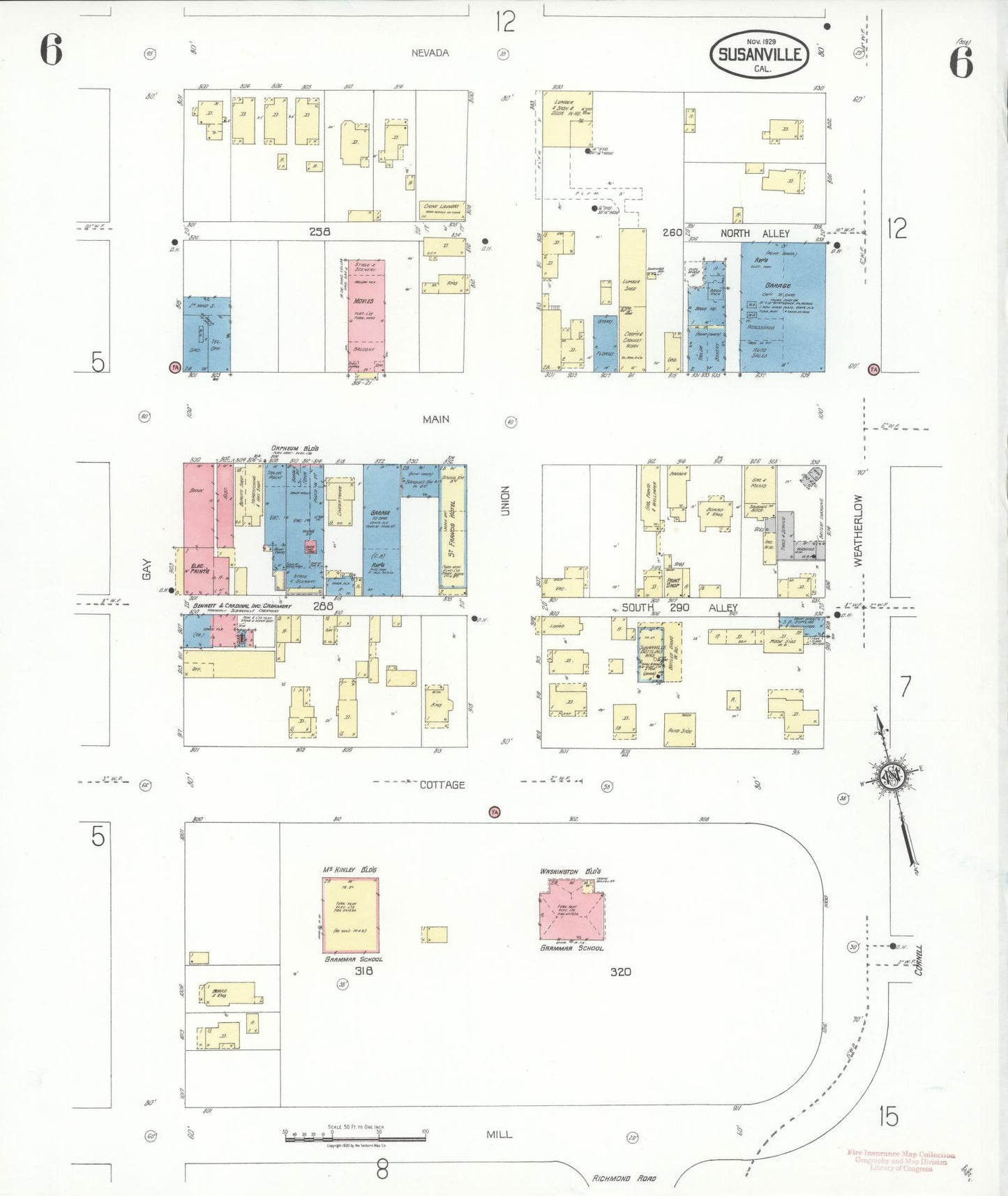 Sanborn Fire Insurance Map from Susanville, Lassen County, California (1929), Sheet #0006 - Complete Map Set gallery image, historic Sanborn map, vintage wall art, California California