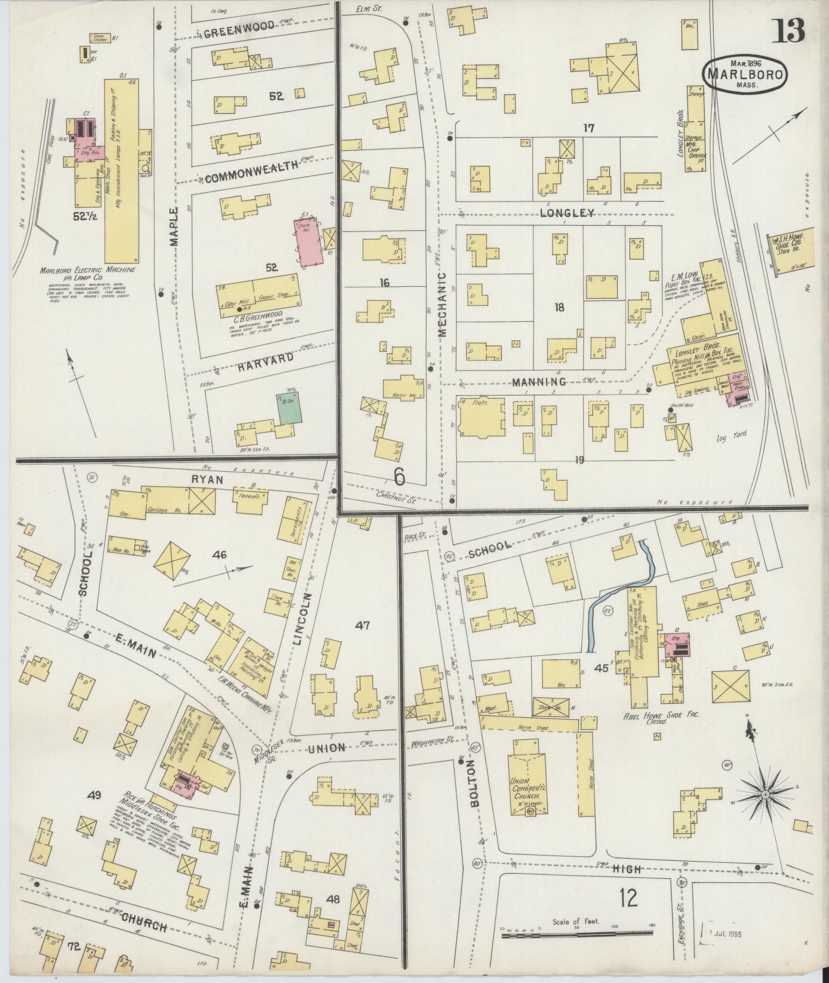 Sanborn Fire Insurance Map from Marlborough, Middlesex County, Massachusetts (1896), Sheet #0013 - Historic Sanborn Fire Insurance Map Print, vintage old map wall art, antique decor, genealogy gift, Massachusetts Massachusetts map