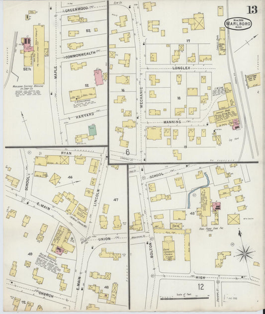 Sanborn Fire Insurance Map from Marlborough, Middlesex County, Massachusetts (1896), Sheet #0013 - Historic Sanborn Fire Insurance Map Print, vintage old map wall art, antique decor, genealogy gift, Massachusetts Massachusetts map