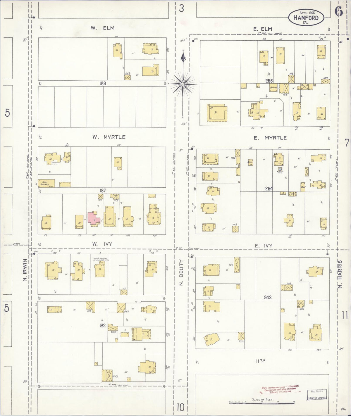 Sanborn Fire Insurance Map from Hanford, Kings County, California (1905), Sheet #0006 - Complete Map Set gallery image, historic Sanborn map, vintage wall art, California California