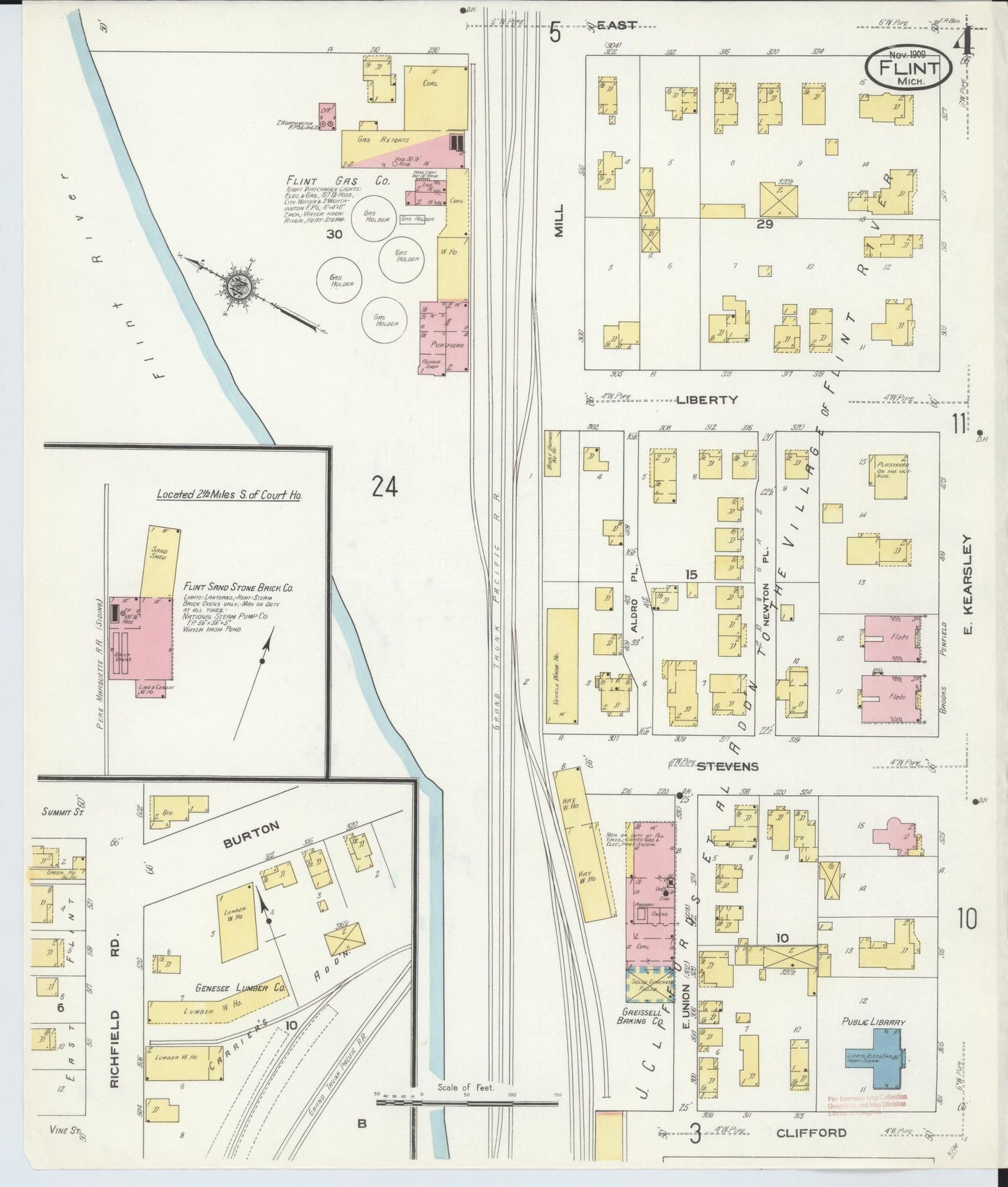 Sanborn Fire Insurance Map from Flint, Genesee County, Michigan (1909), Sheet #0004 - Historic Sanborn Fire Insurance Map Print, vintage old map wall art, antique decor, genealogy gift, Michigan Michigan map