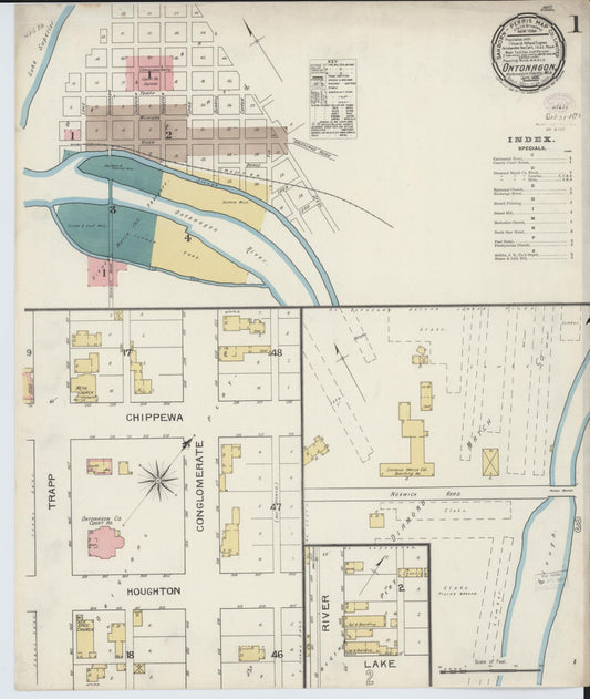 Sanborn Fire Insurance Map from Ontonagon, Ontonagon County, Michigan (1893), Sheet #0001 - Historic Sanborn Fire Insurance Map Print, vintage old map wall art, antique decor, genealogy gift, Michigan Michigan map