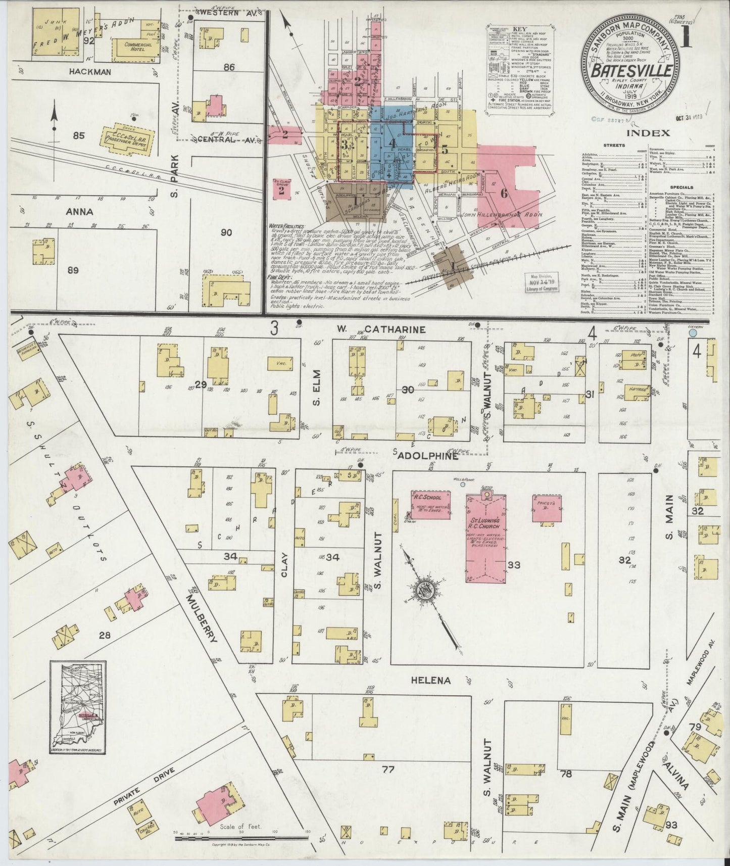 Sanborn Fire Insurance Map from Batesville, Ripley County, Indiana (1919), Sheet #0001 - Complete Map Set gallery image, historic Sanborn map, vintage wall art, Indiana Indiana