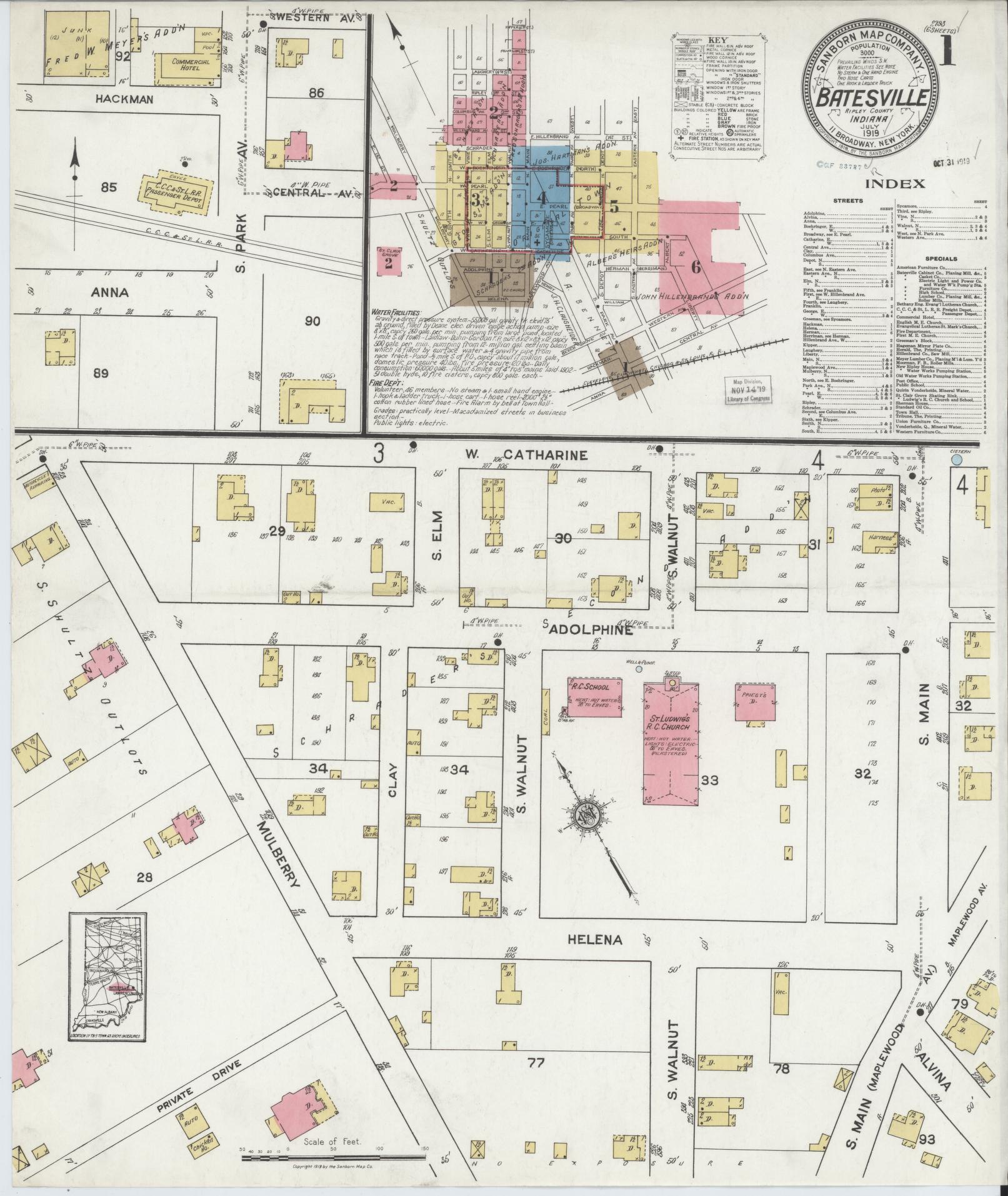Sanborn Fire Insurance Map from Batesville, Ripley County, Indiana (1919), Sheet #0001 - Complete Map Set gallery image, historic Sanborn map, vintage wall art, Indiana Indiana