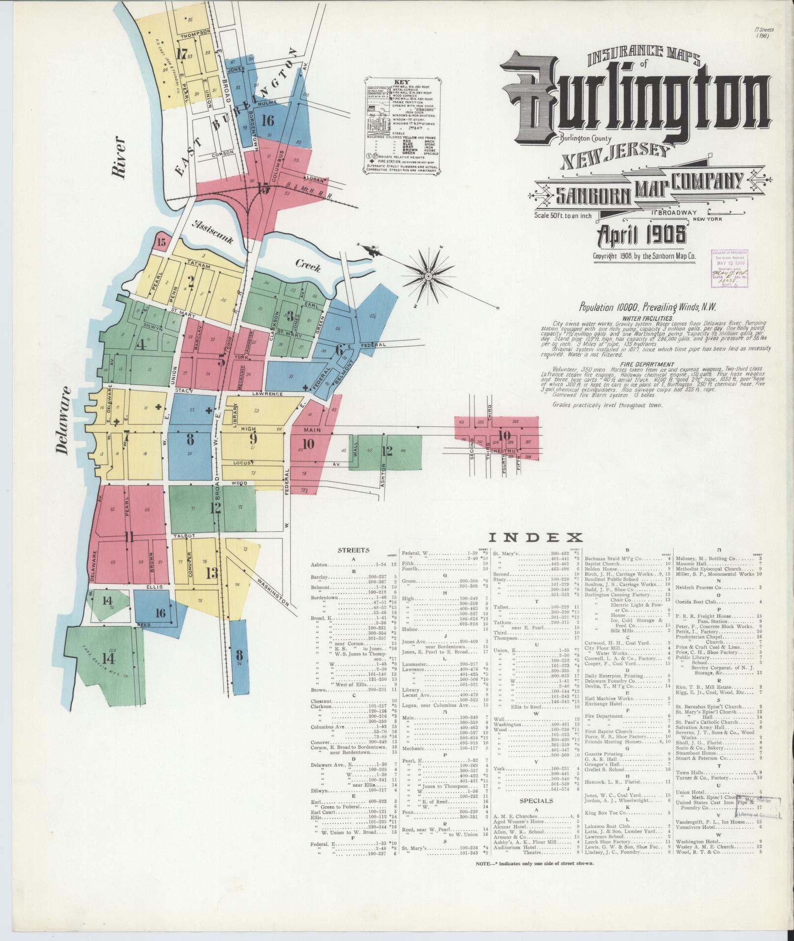 Sanborn Fire Insurance Map from Burlington, Burlington County, New Jersey. (1908) – Historic Sanborn Fire Insurance Map Print