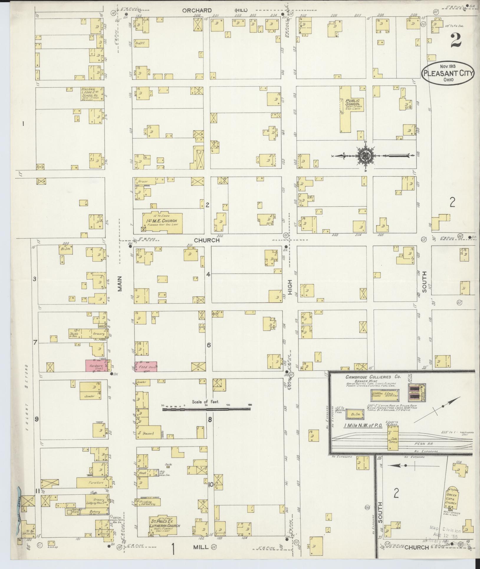 Sanborn Fire Insurance Map from Pleasant City, Guernsey County, Ohio (1913), Sheet #0002 - Historic Sanborn Fire Insurance Map Print, vintage old map wall art, antique decor, genealogy gift, Ohio Ohio map