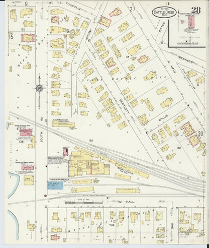 Sanborn Fire Insurance Map from Battle Creek, Calhoun County, Michigan (1913), Sheet #0028 - Historic Sanborn Fire Insurance Map Print, vintage old map wall art, antique decor, genealogy gift, Michigan Michigan map
