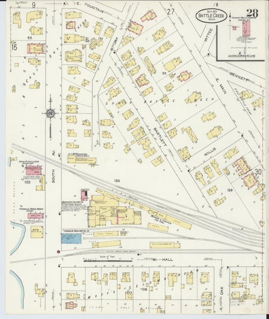 Sanborn Fire Insurance Map from Battle Creek, Calhoun County, Michigan (1913), Sheet #0028 - Historic Sanborn Fire Insurance Map Print, vintage old map wall art, antique decor, genealogy gift, Michigan Michigan map