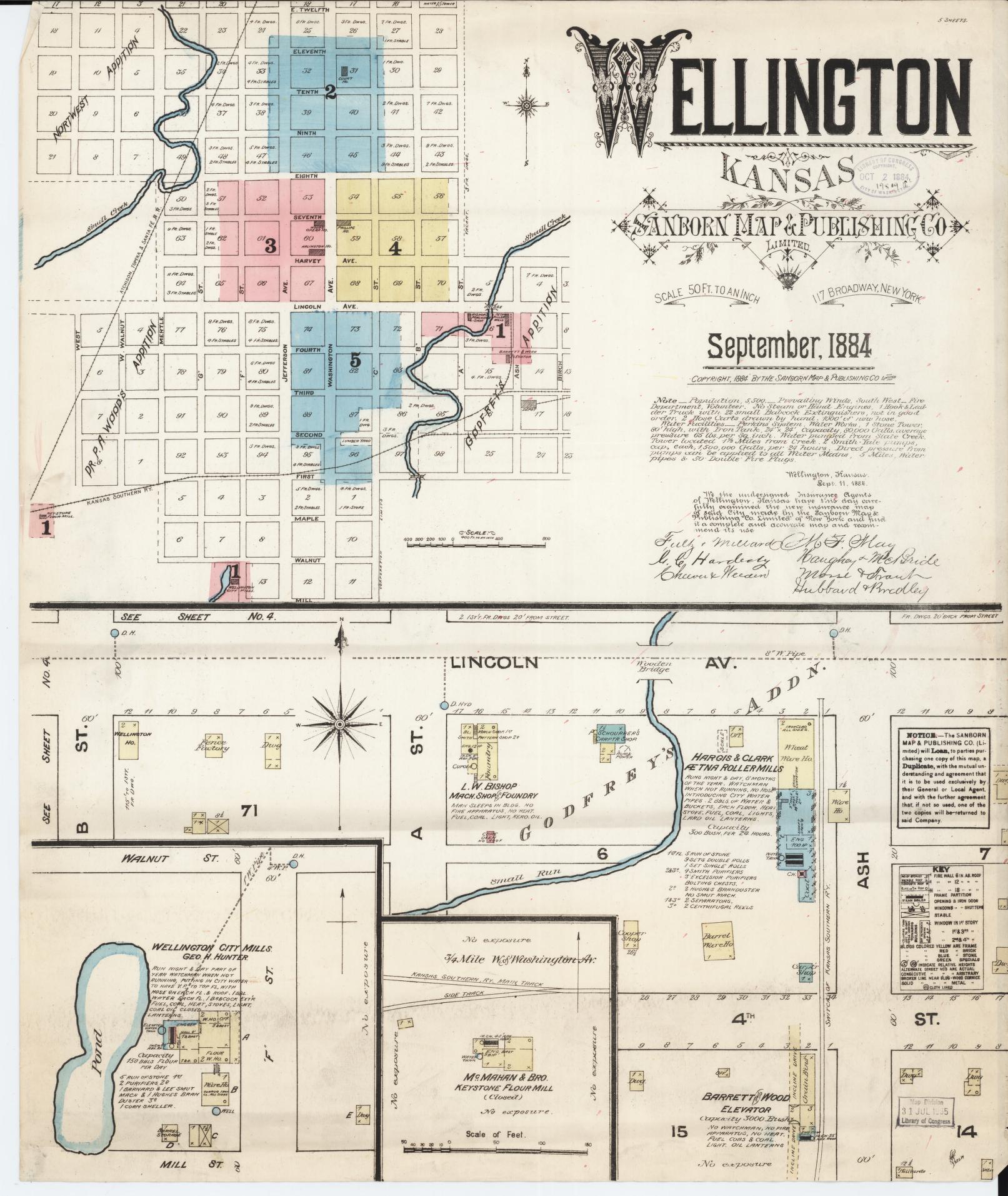 Sanborn Fire Insurance Map from Wellington, Sumner County, Kansas (1884), Sheet #0001 - Complete Map Set gallery image, historic Sanborn map, vintage wall art, Kansas Kansas