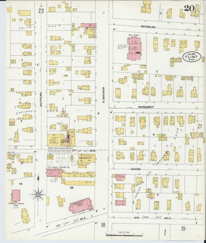 Sanborn Fire Insurance Map from Flint, Genesee County, Michigan (1902), Sheet #0020 - Historic Sanborn Fire Insurance Map Print, vintage old map wall art, antique decor, genealogy gift, Michigan Michigan map