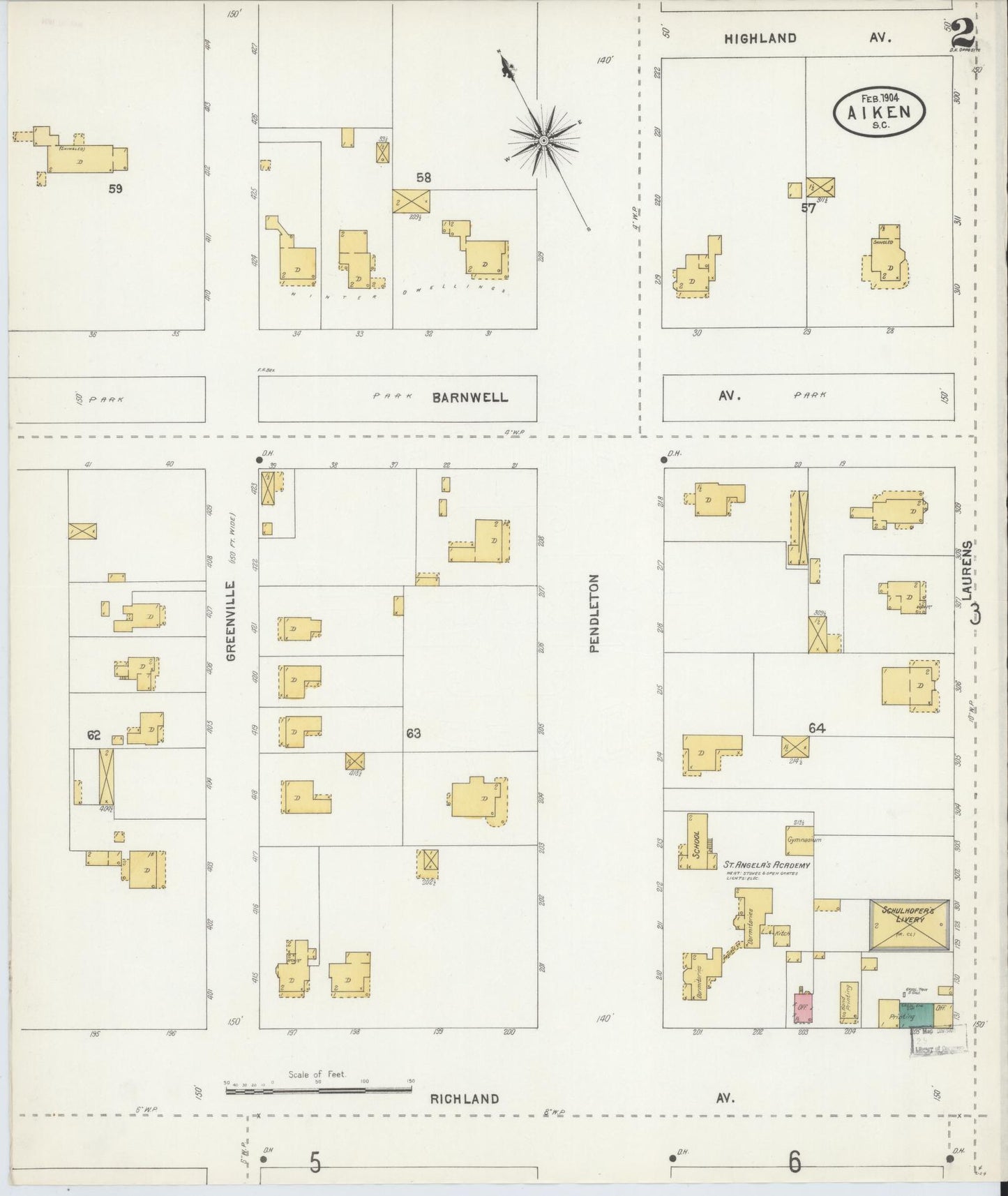 Sanborn Fire Insurance Map from Aiken, Aiken County, South Carolina (1904), Sheet #0002 - Complete Map Set gallery image, historic Sanborn map, vintage wall art, South Carolina South Carolina