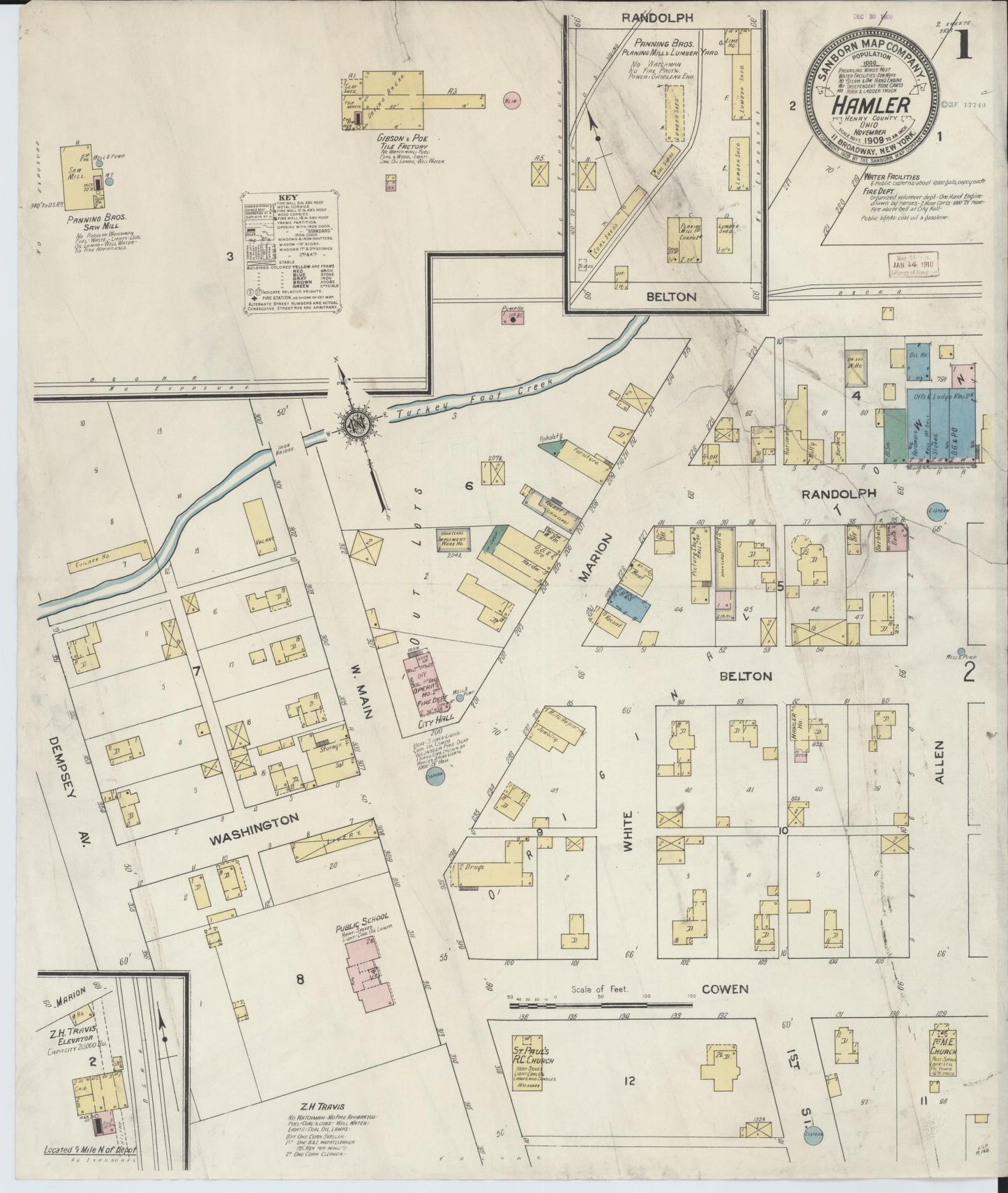 Sanborn Fire Insurance Map from Hamler, Henry County, Ohio (1909), Sheet #0001 - Historic Sanborn Fire Insurance Map Print, vintage old map wall art, antique decor, genealogy gift, Ohio Ohio map