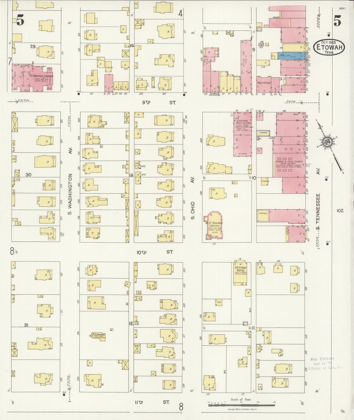 Sanborn Fire Insurance Map from Etowah, McMinn County, Tennessee (1925), Sheet #0005 - Historic Sanborn Fire Insurance Map Print, vintage old map wall art, antique decor, genealogy gift, Tennessee Tennessee map