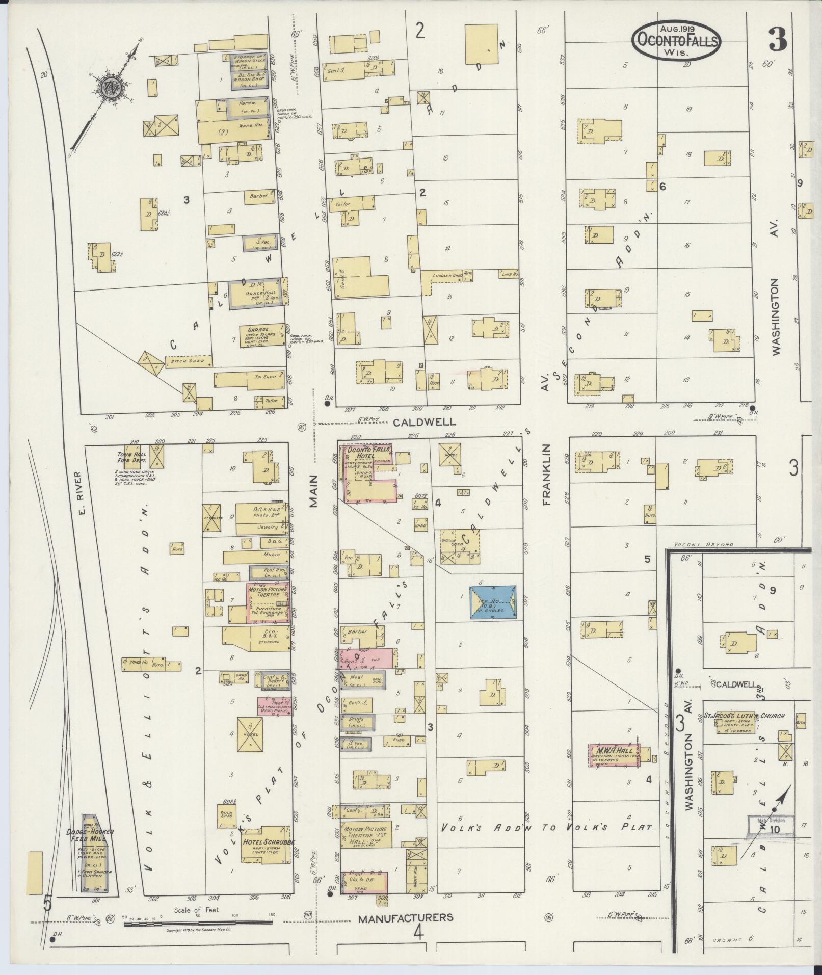 Sanborn Fire Insurance Map from Oconto Falls, Oconto County, Wisconsin (1919), Sheet #0003 - Historic Sanborn Fire Insurance Map Print, vintage old map wall art, antique decor, genealogy gift, Wisconsin Wisconsin map