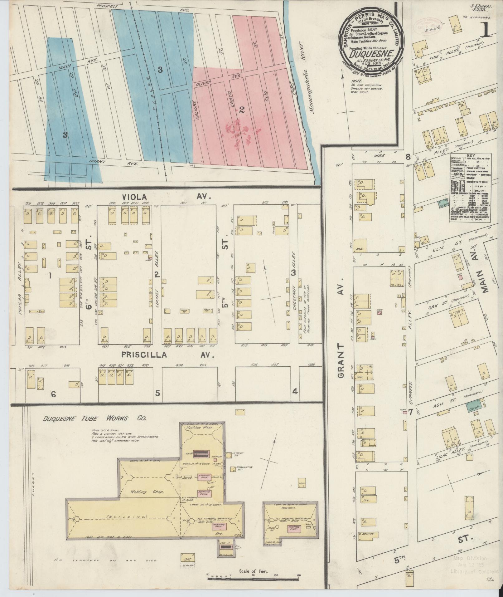 Sanborn Fire Insurance Map from Duquesne, Allegheny County, Pennsylvania (1891), Sheet #0001 - Historic Sanborn Fire Insurance Map Print, vintage old map wall art, antique decor, genealogy gift, Pennsylvania Pennsylvania map